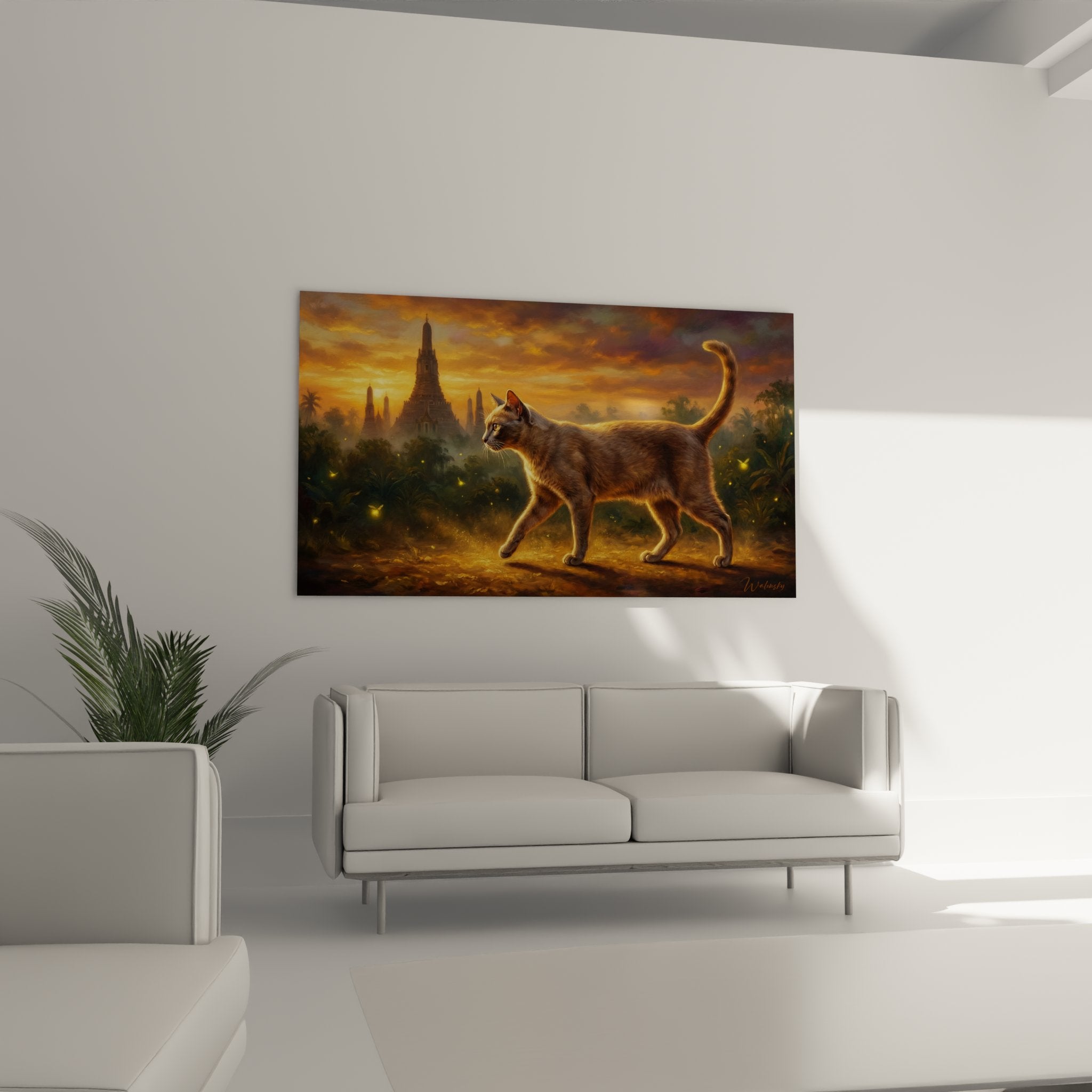 Détail peinture chat Korat pelage gris-bleu éclairé lumière dorée coucher soleil ambiance mystique