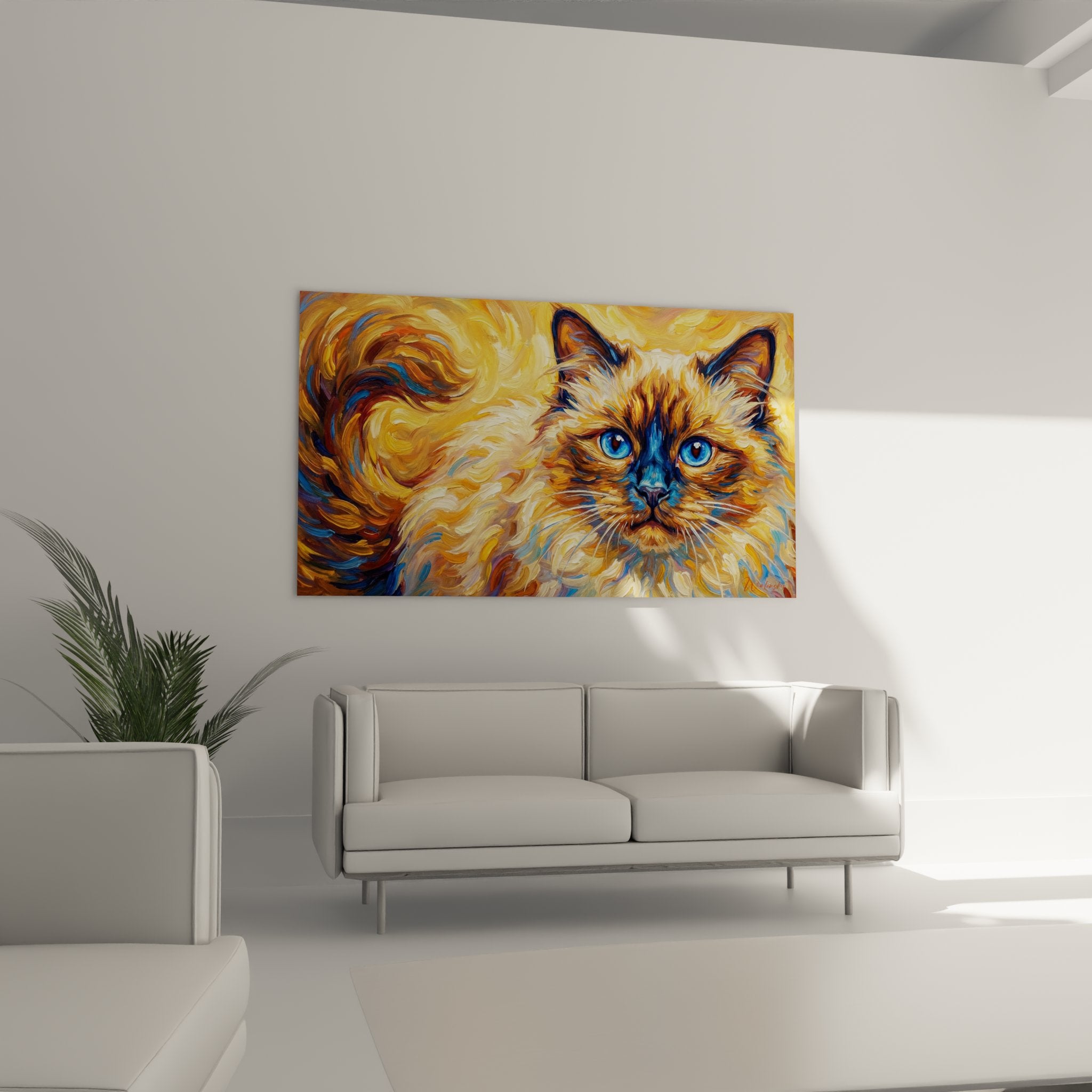 Primo piano occhi blu gatto birmano quadro artistico colpi di pennello vorticosi dettagli
