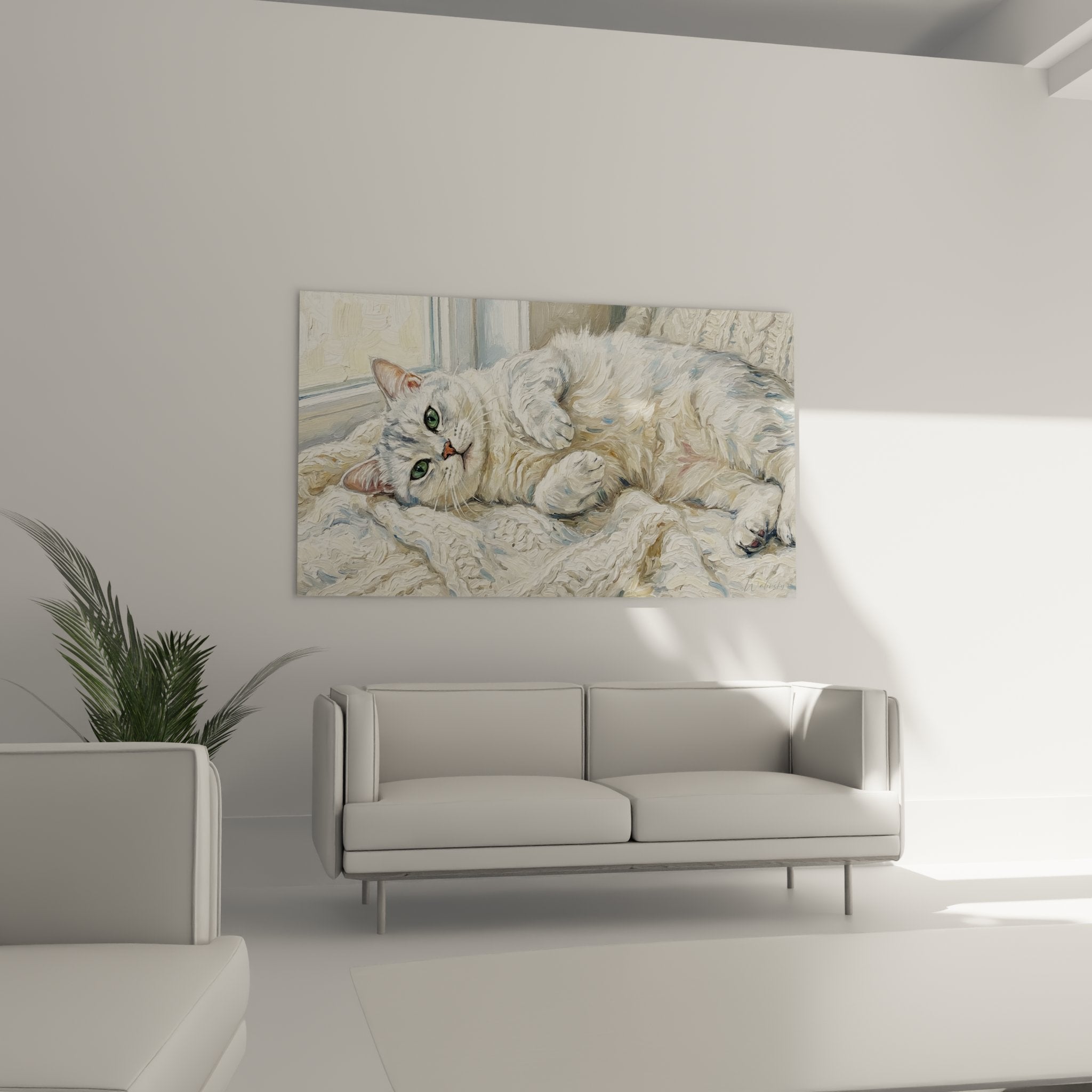 Détail yeux verts émeraude du chat blanc, technique picturale raffinée et réaliste