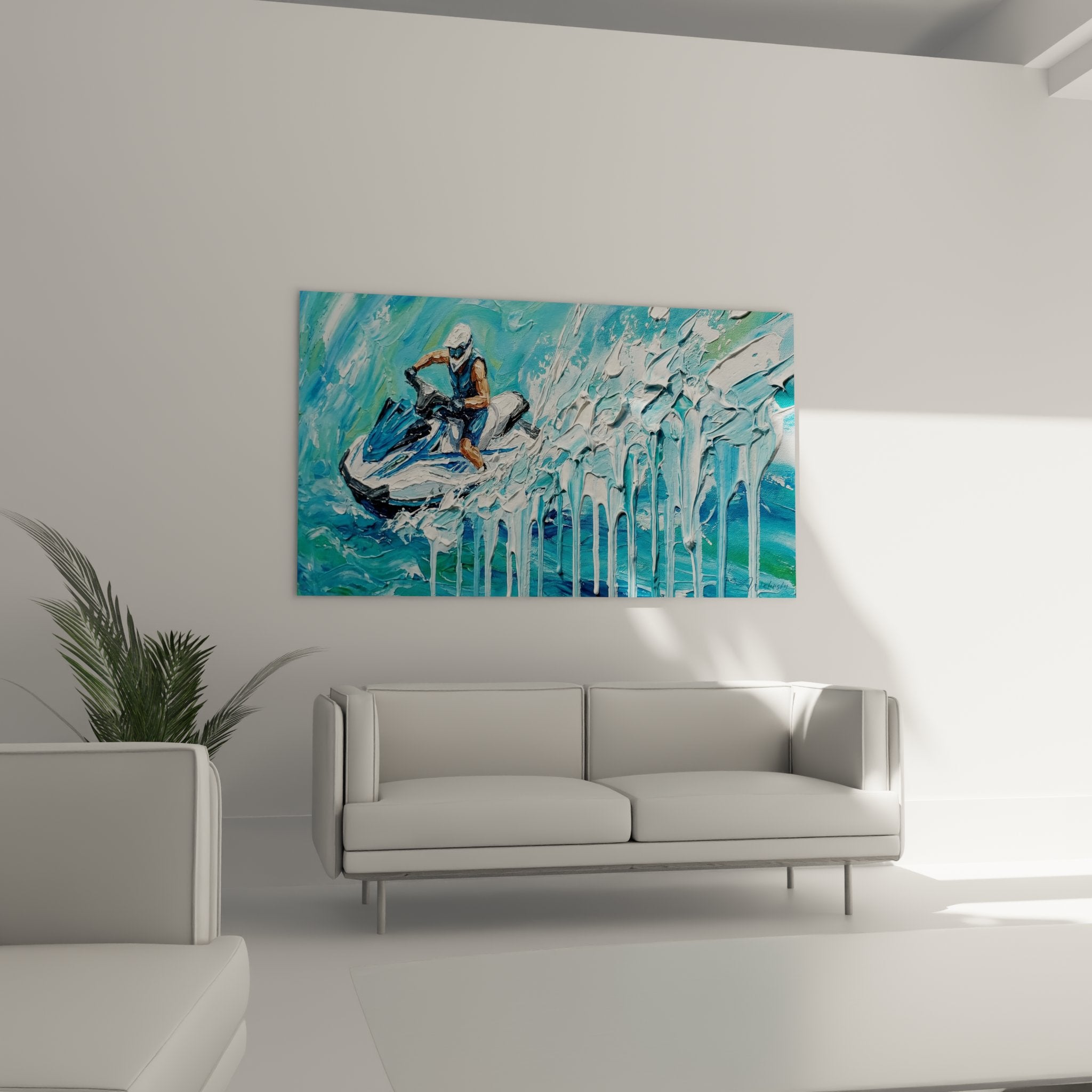 Détail rapproché du tableau montrant la texture des formations de glace et les reflets sur l'eau