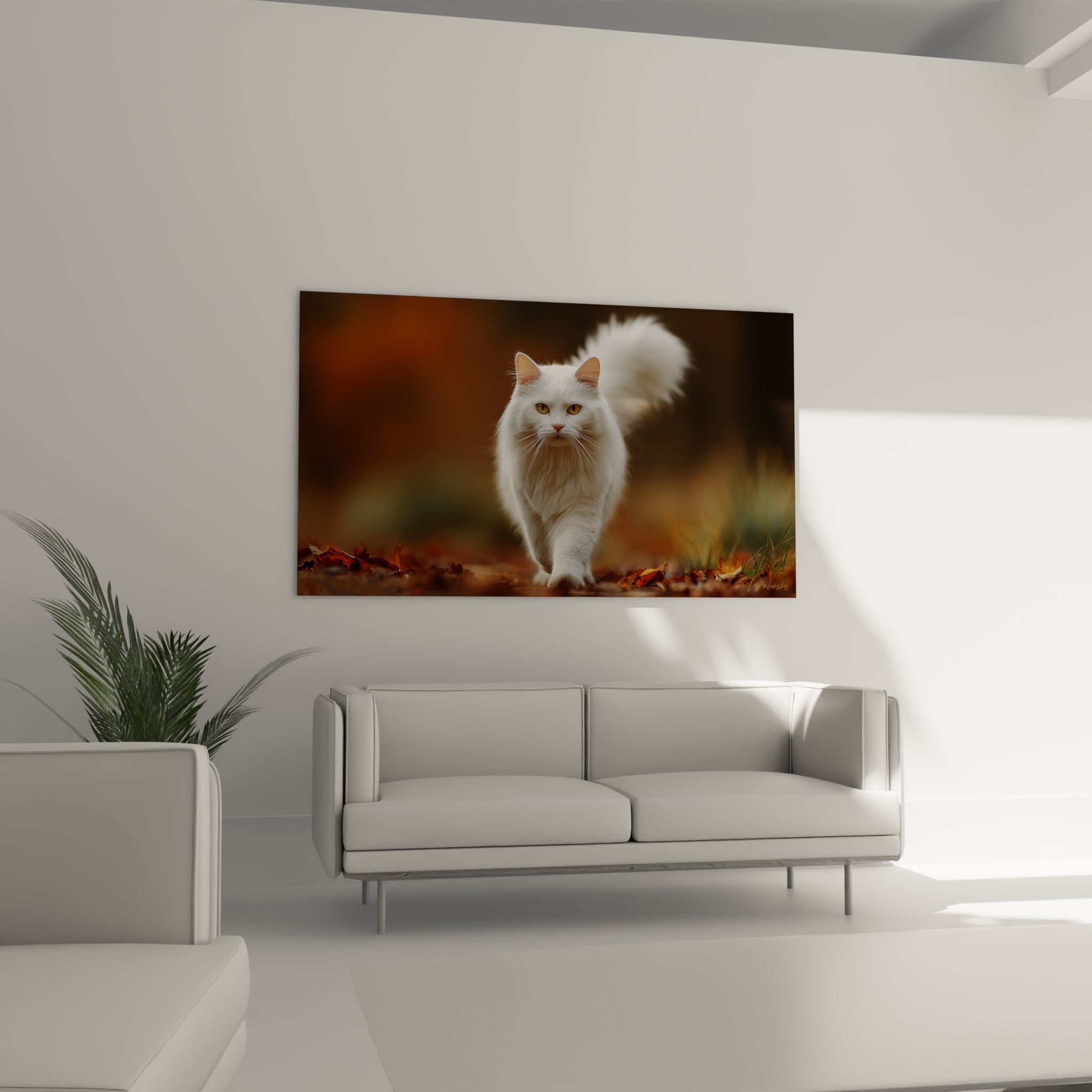 Gros plan tableau chat sibérien blanc pelage soyeux yeux dorés détails artistiques haute qualité