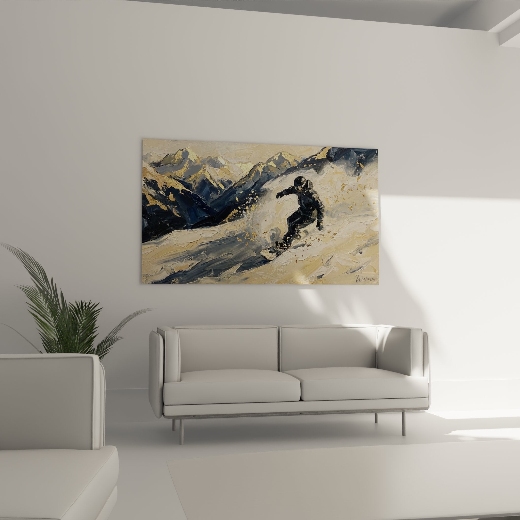 Detail peinture snowboardeur texture empâtement couleurs neige montagne technique artistique rider