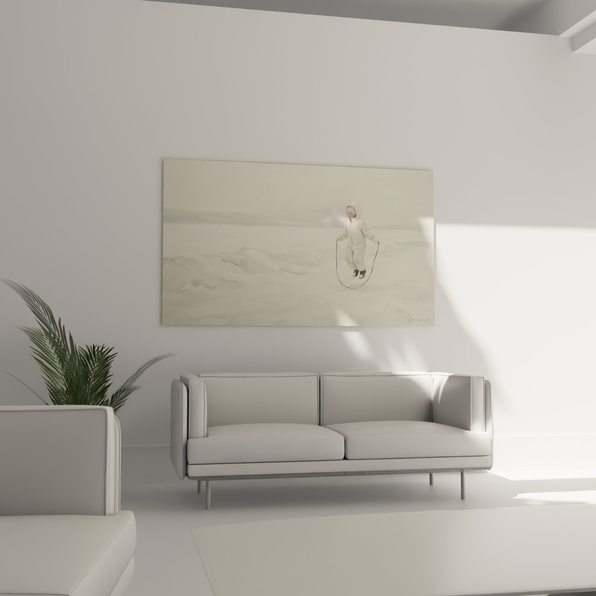 Detail of children's winter artwork showing fine white nuances and delicate painting technique