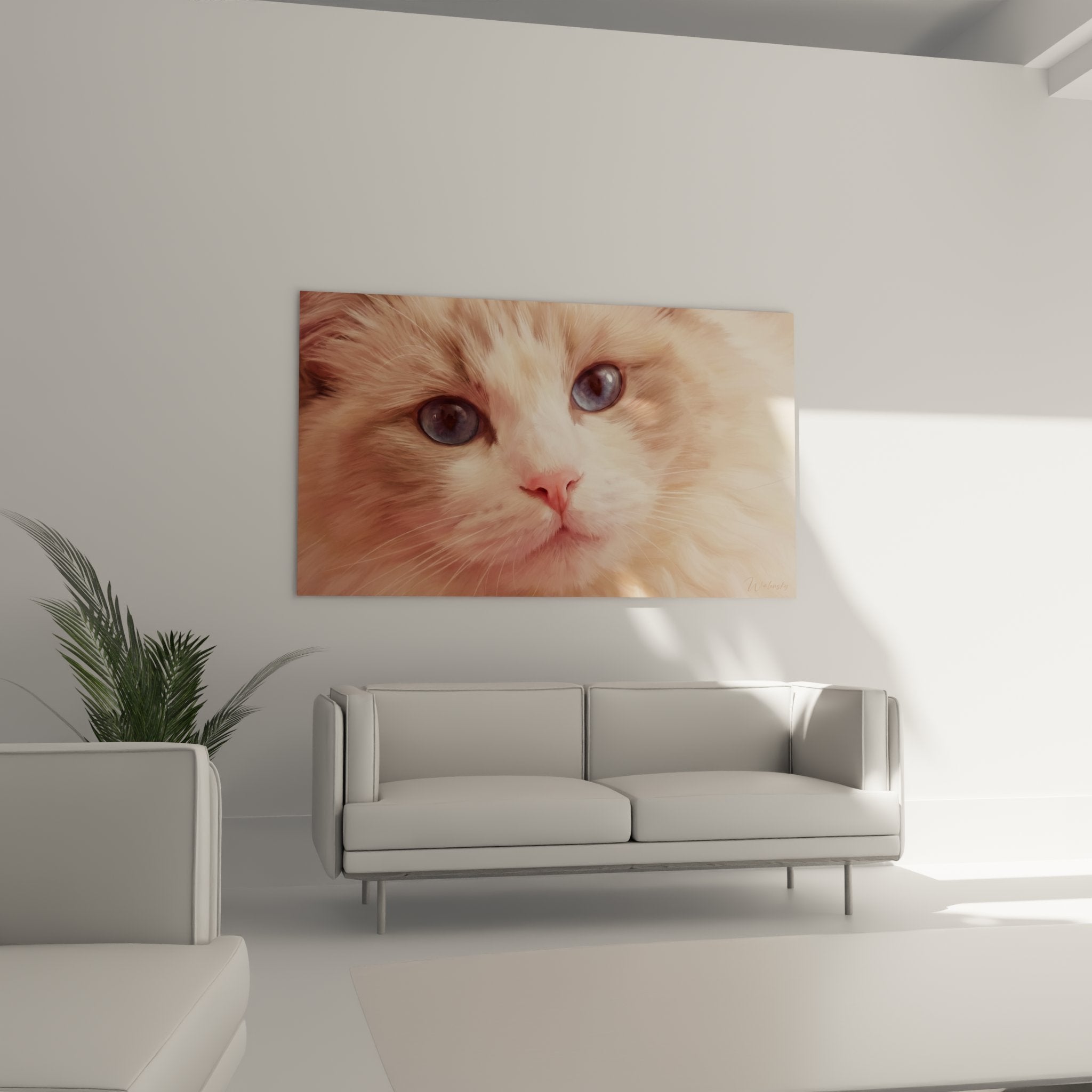 Primo piano degli occhi blu cristallini del gattino Ragdoll, dettaglio del mantello color crema ed espressione tenera