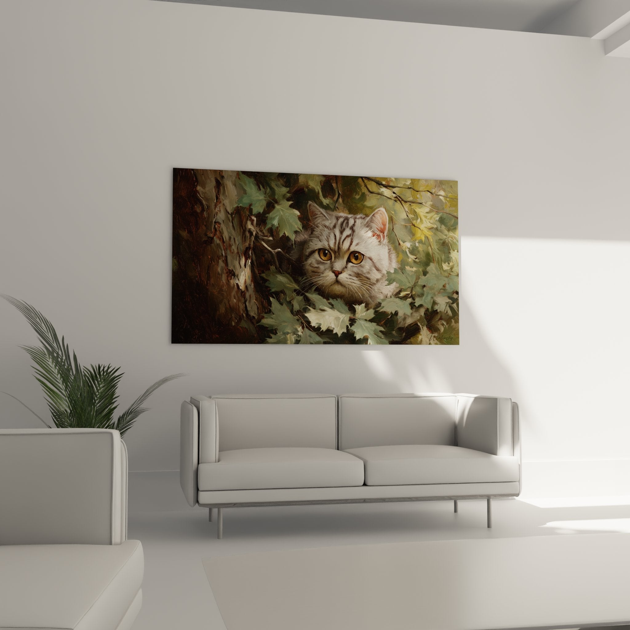 Dettaglio ritratto gatto British shorthair con sguardo ambrato circondato da vegetazione autunnale