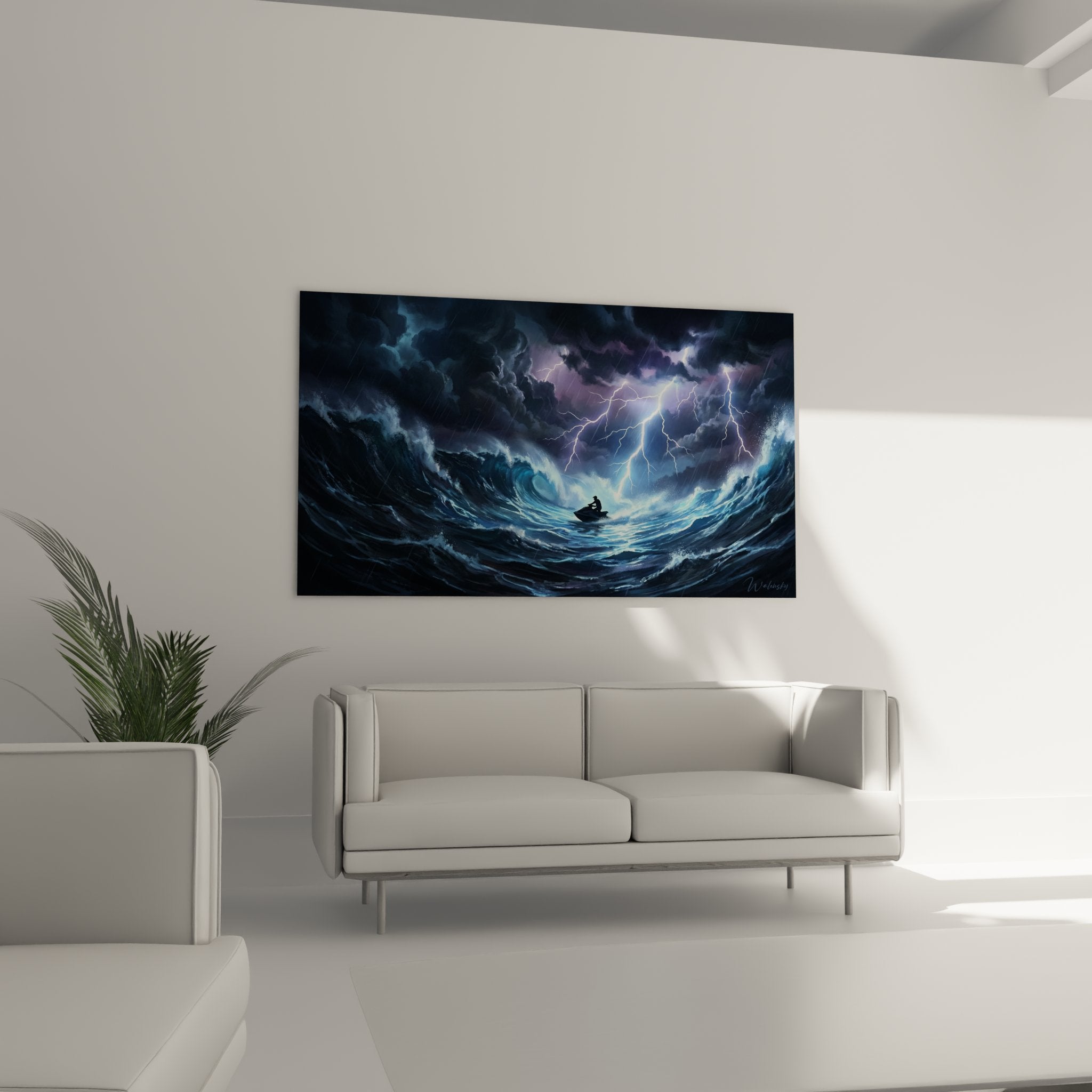 Détail tableau jetski affrontant vagues et éclairs avec texture peinture réaliste haute qualité