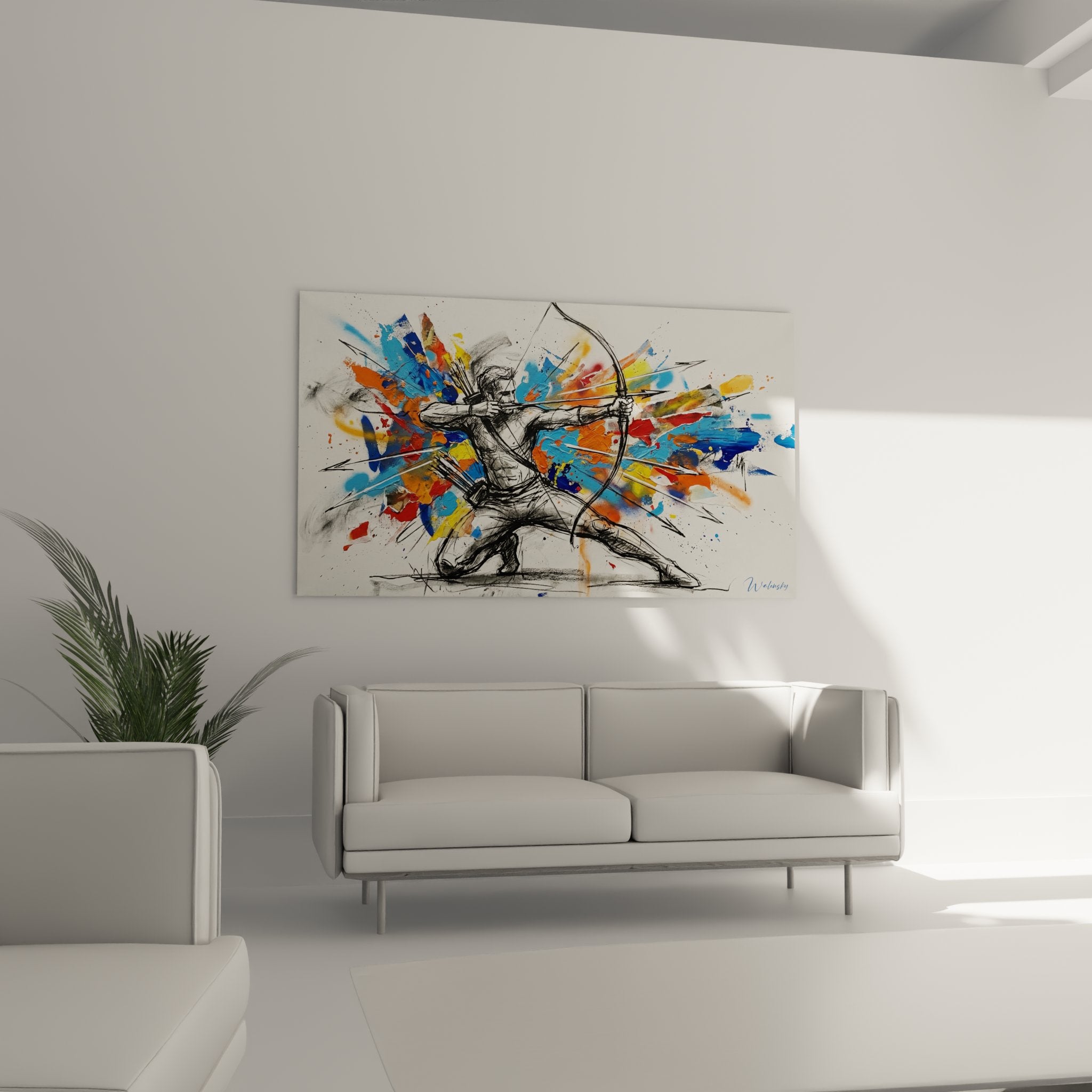 Détail rapproché du tableau archer, traits expressifs et éclaboussures de peinture bleue orange rouge