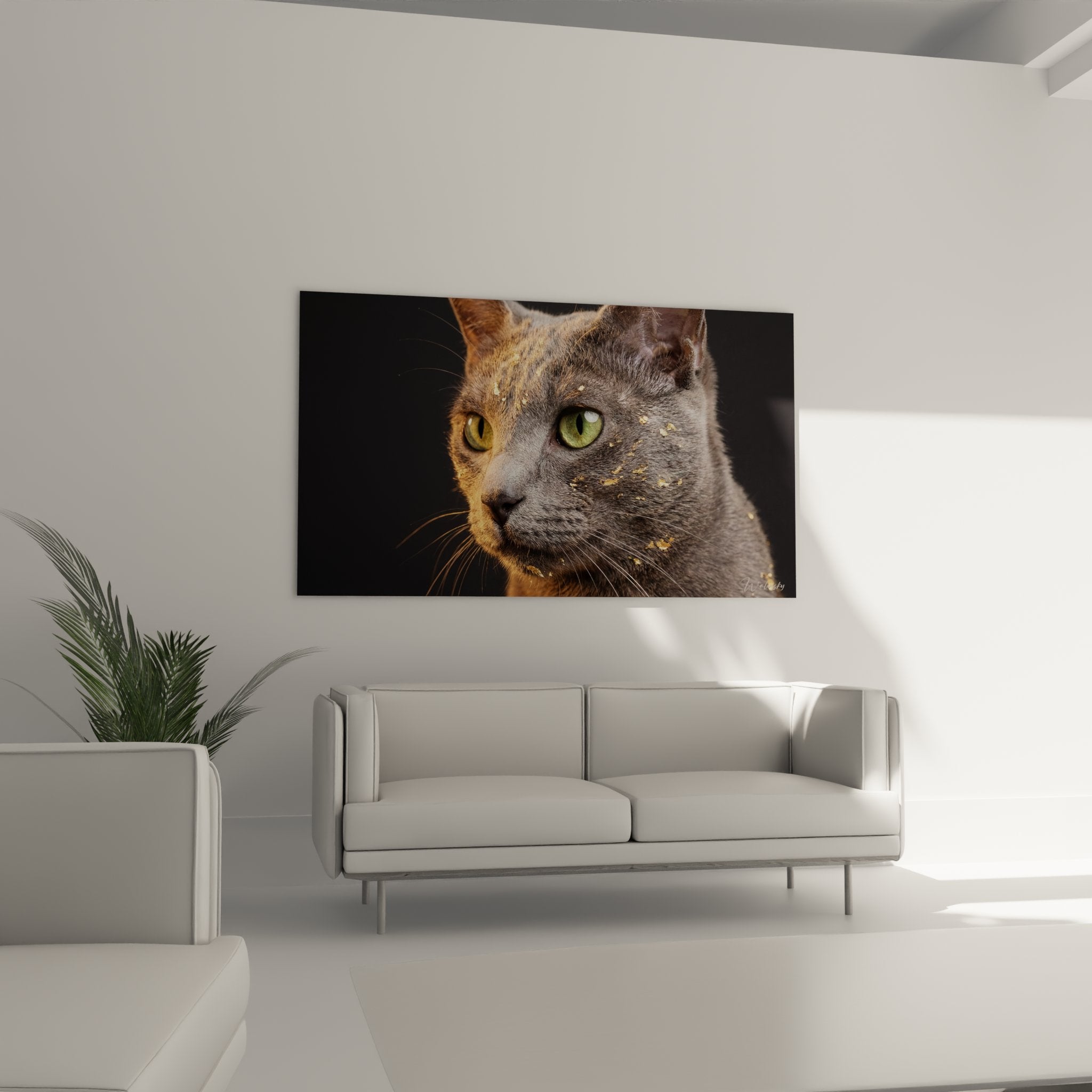 Gros plan tableau chat Korat, détails yeux verts perçants et pelage gris soyeux, art félin haute qualité