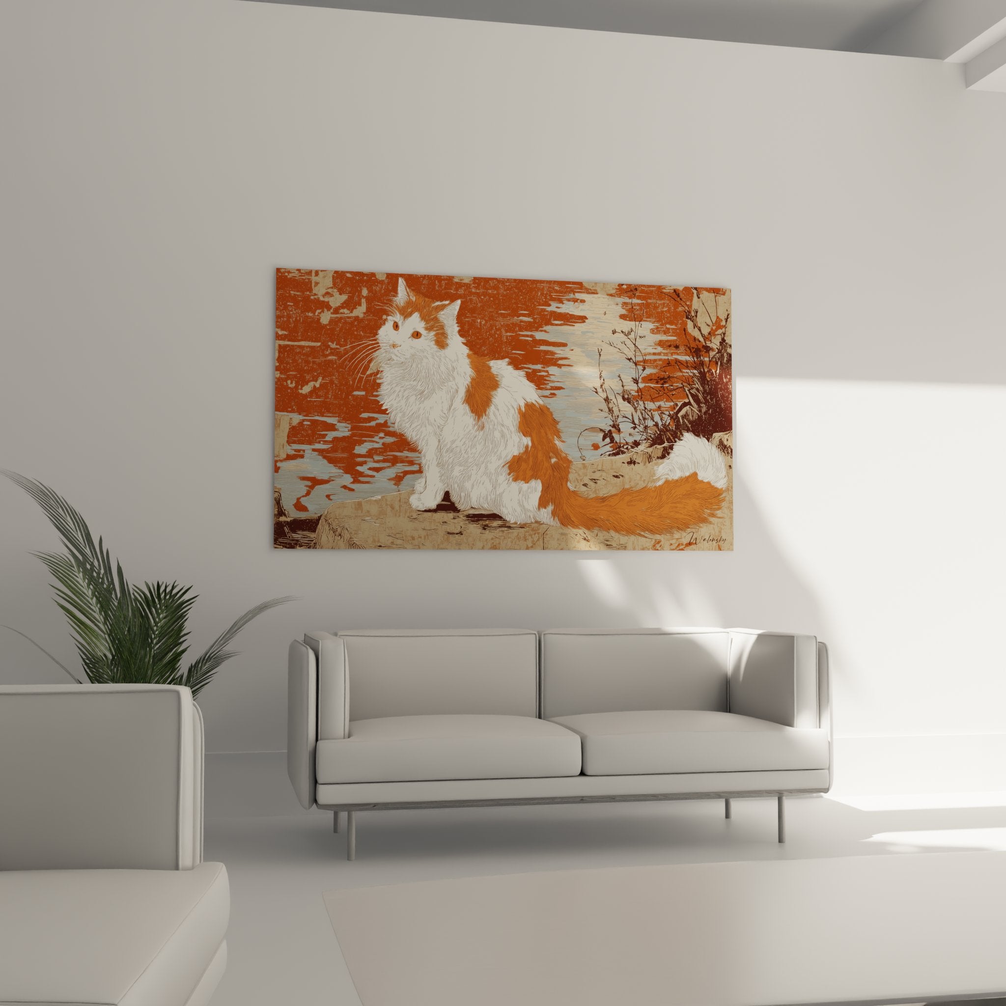 Turkish Van cat painting detail with red and white coat fine engraving technique vintage precise lines