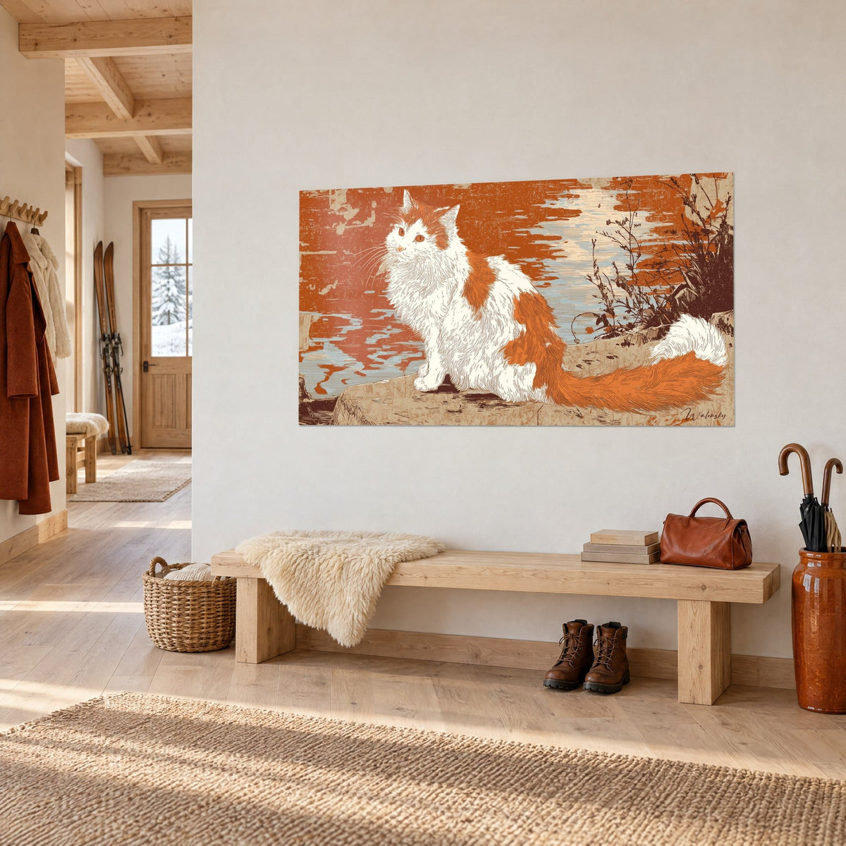 Gemälde Angora-Katze mit cremefarbenem und rotem Fell, buschiger Schwanz auf beigem Felsen, Gravur von der Seite gesehen in einem Chalet