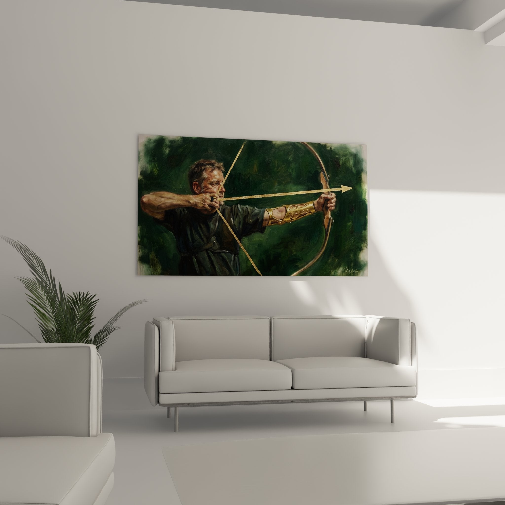 Détail tableau archer paralympique, visage concentré et arc doré, peinture sport artistique