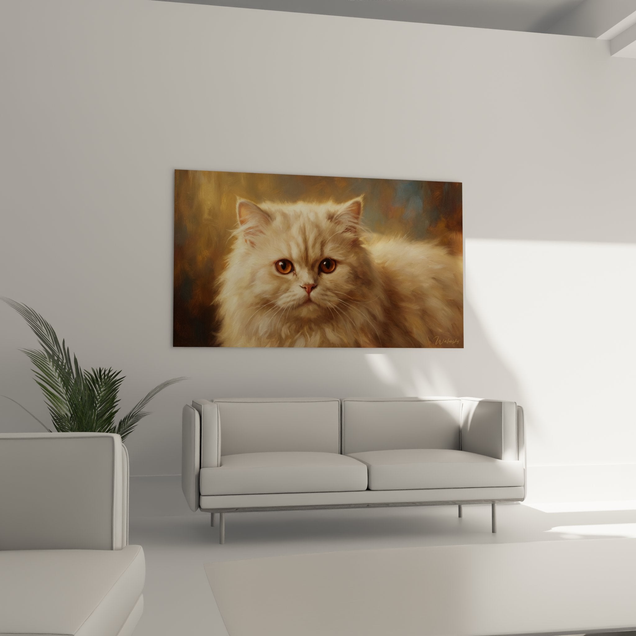 Close-up of Persian cat artwork details, cream fur and intense amber gaze