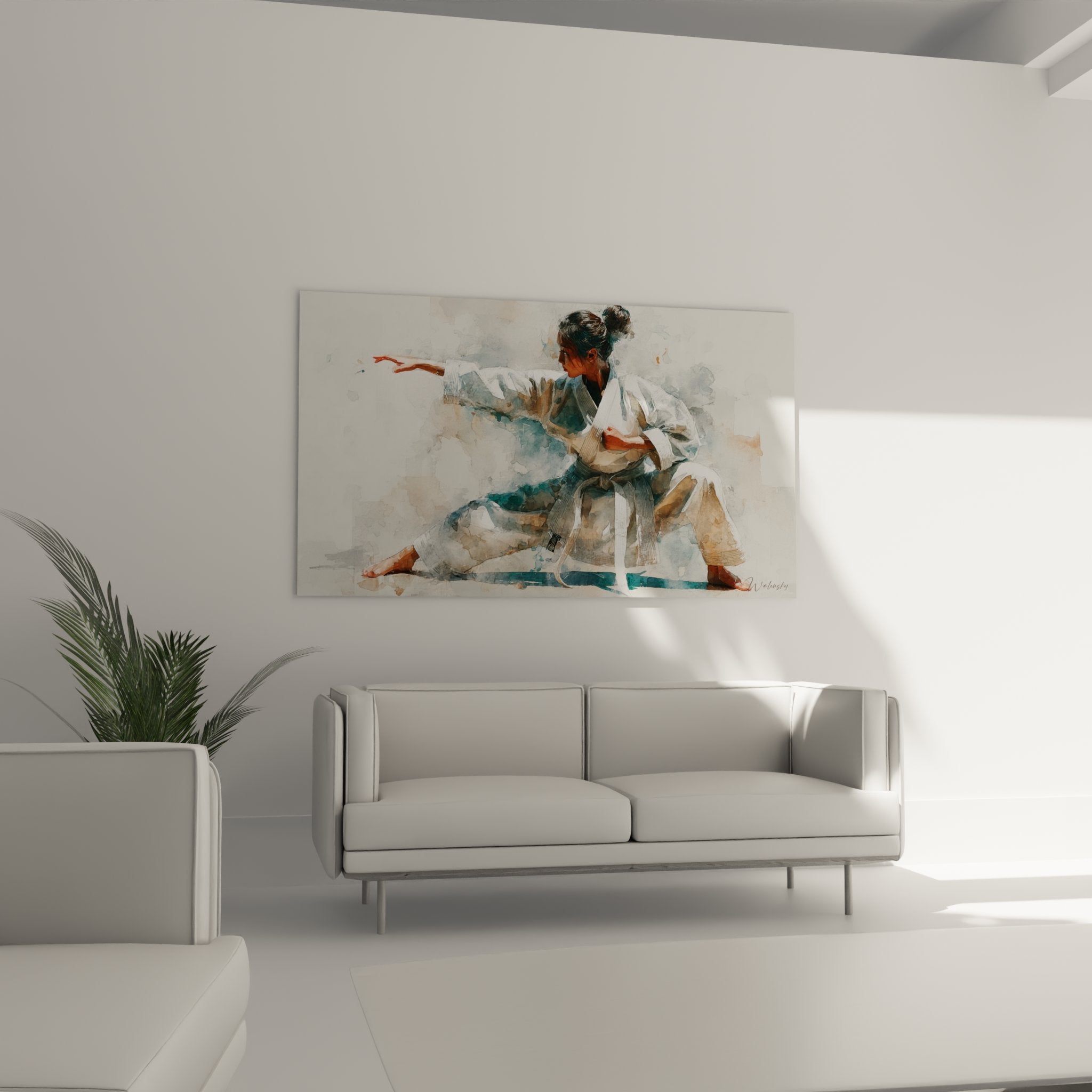 Détail peinture karatéka femme technique kata aquarelle bleue art martial japonais
