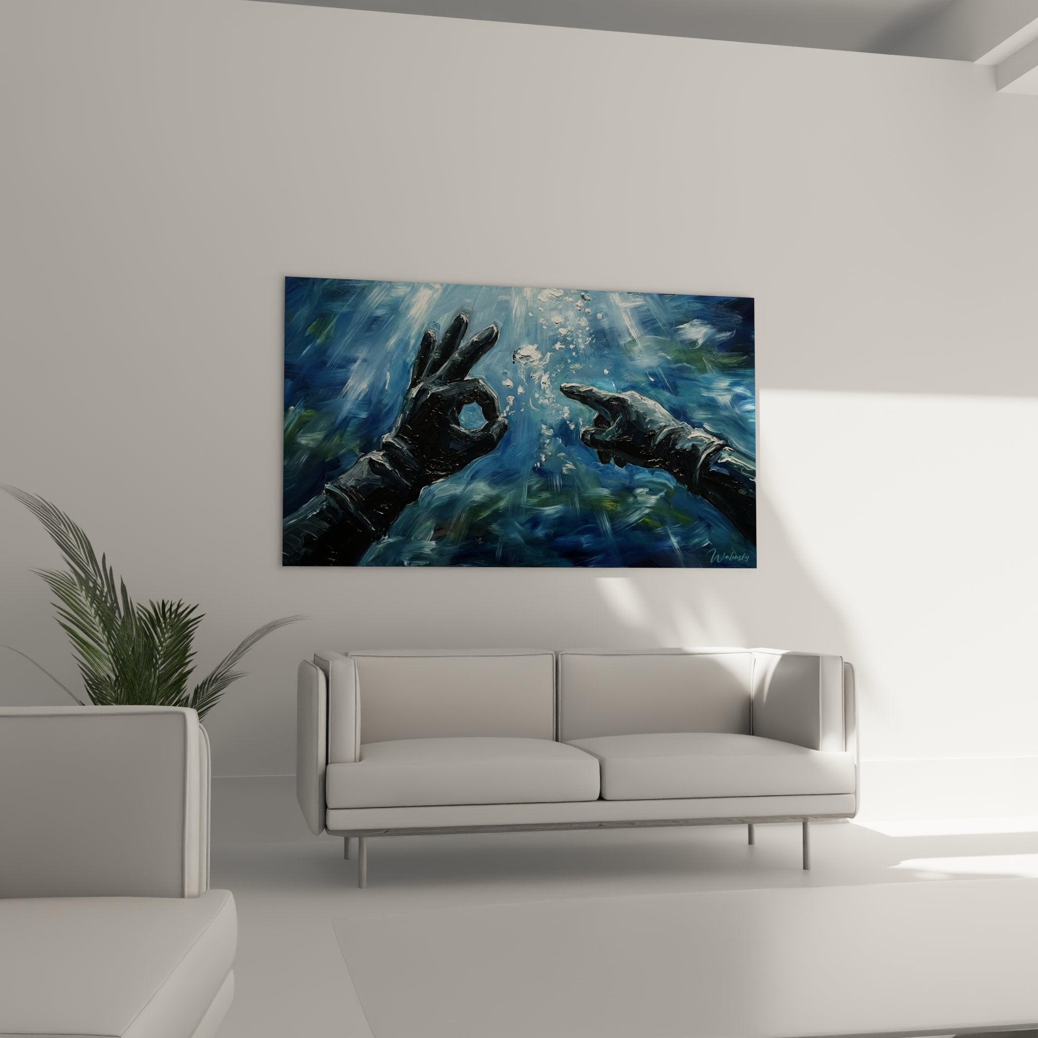 Détail peinture sous-marine montrant texture des mains et bulles d'air dans l'eau bleue