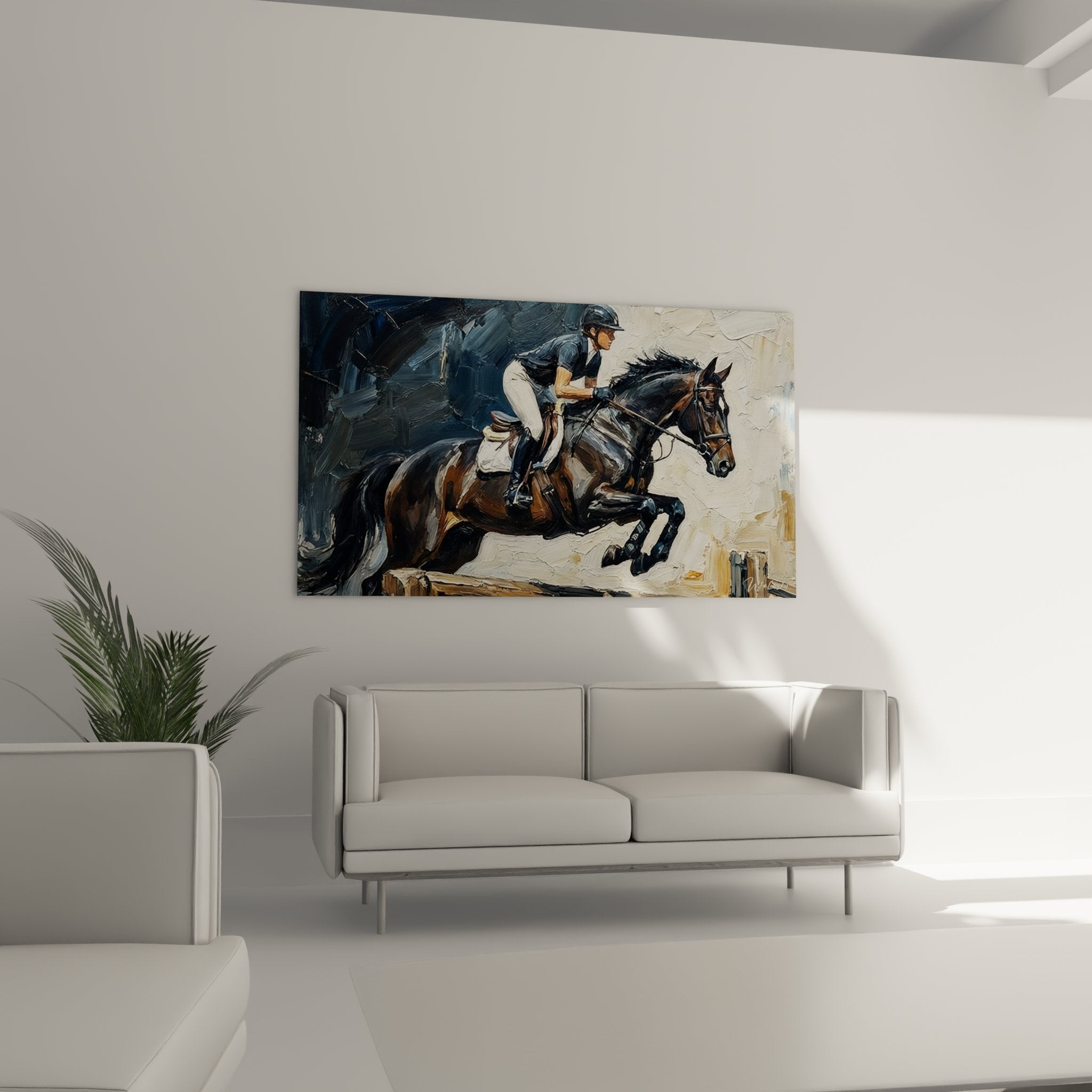 Dettaglio artistico del quadro equestre che mostra la tecnica pittorica e i colori naturali del salto a ostacoli