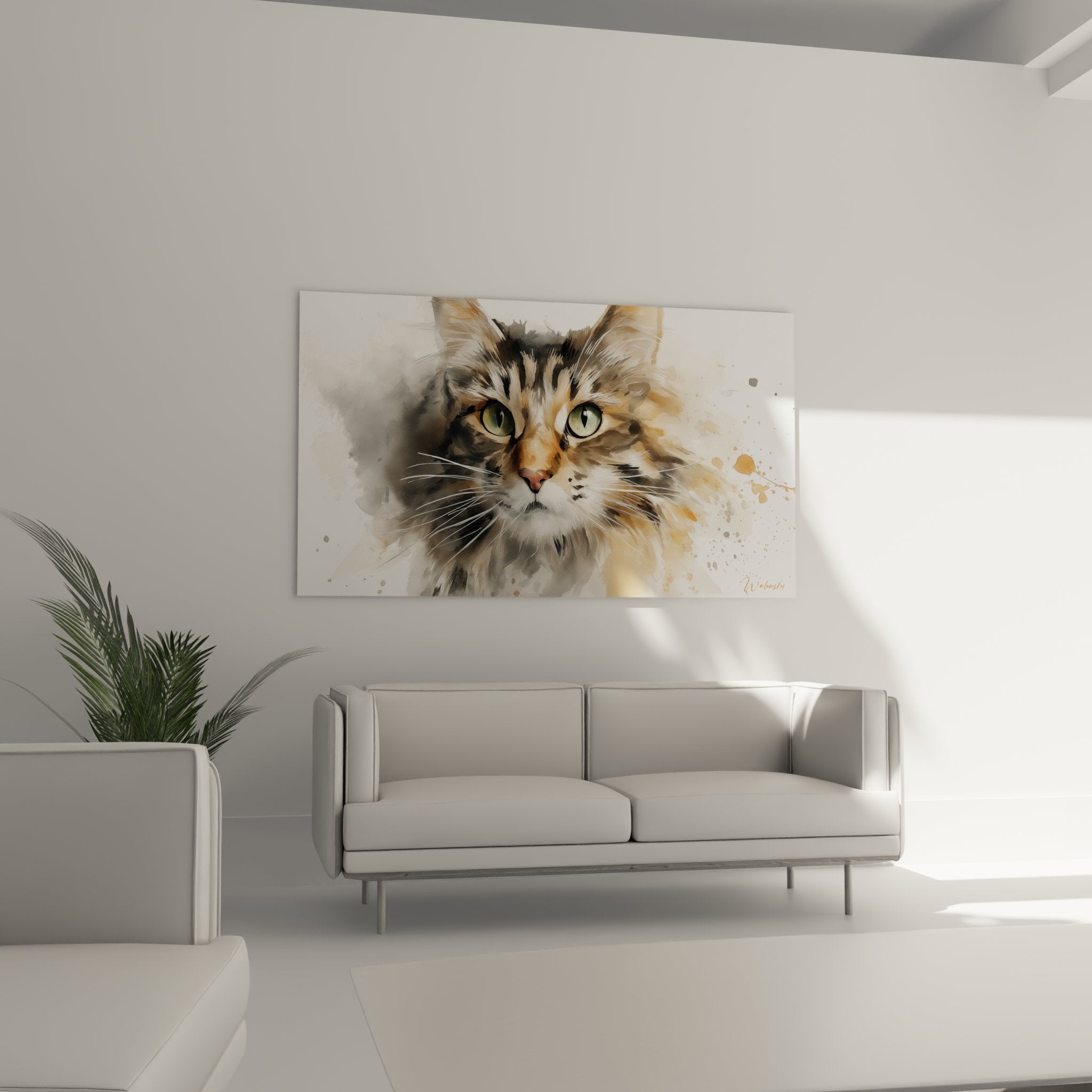 Détail yeux verts chat American Bobtail, technique aquarelle portrait félin artistique gros plan