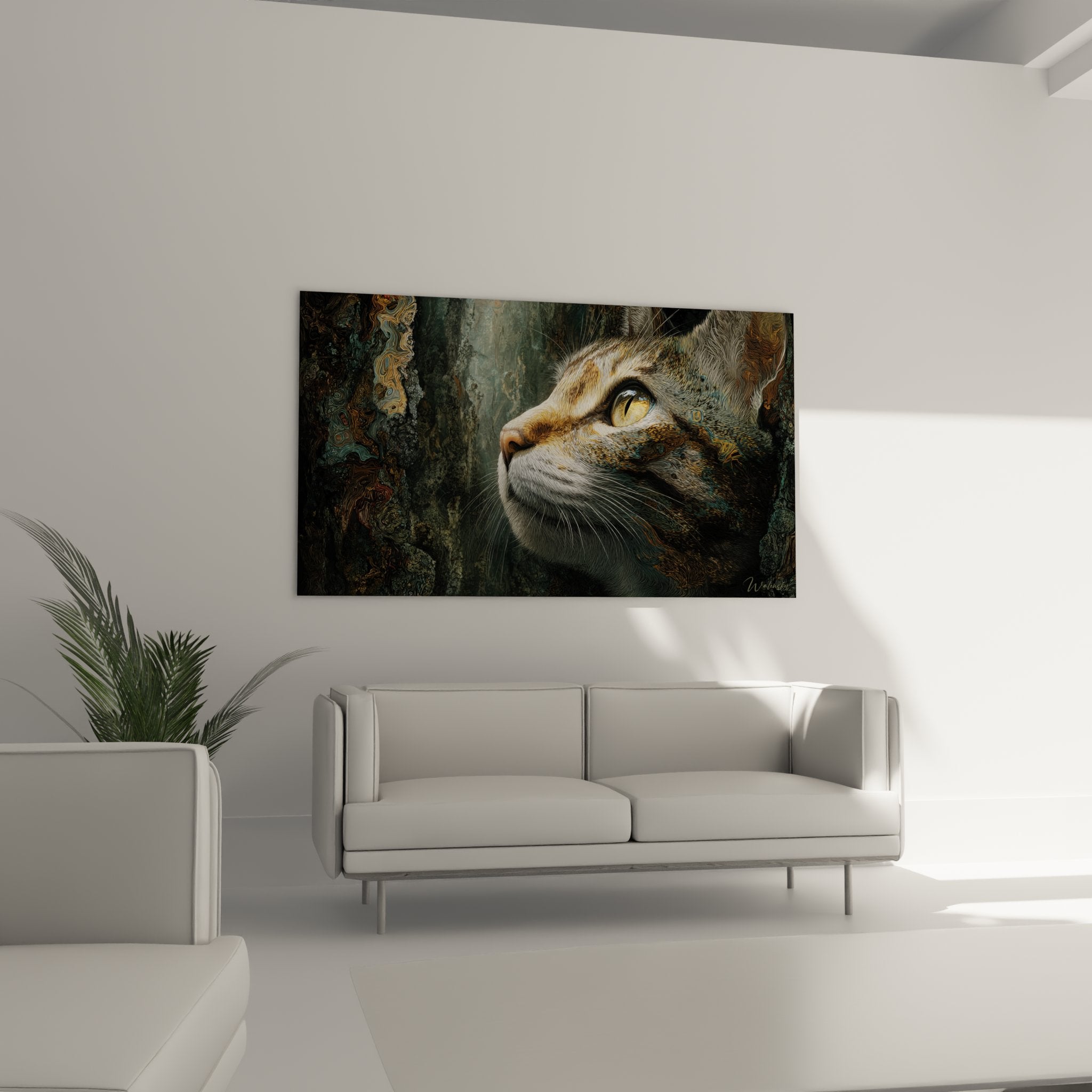 Gros plan sur les détails du pelage tabby et l'œil doré expressif du chat Sokoke dans le tableau artistique