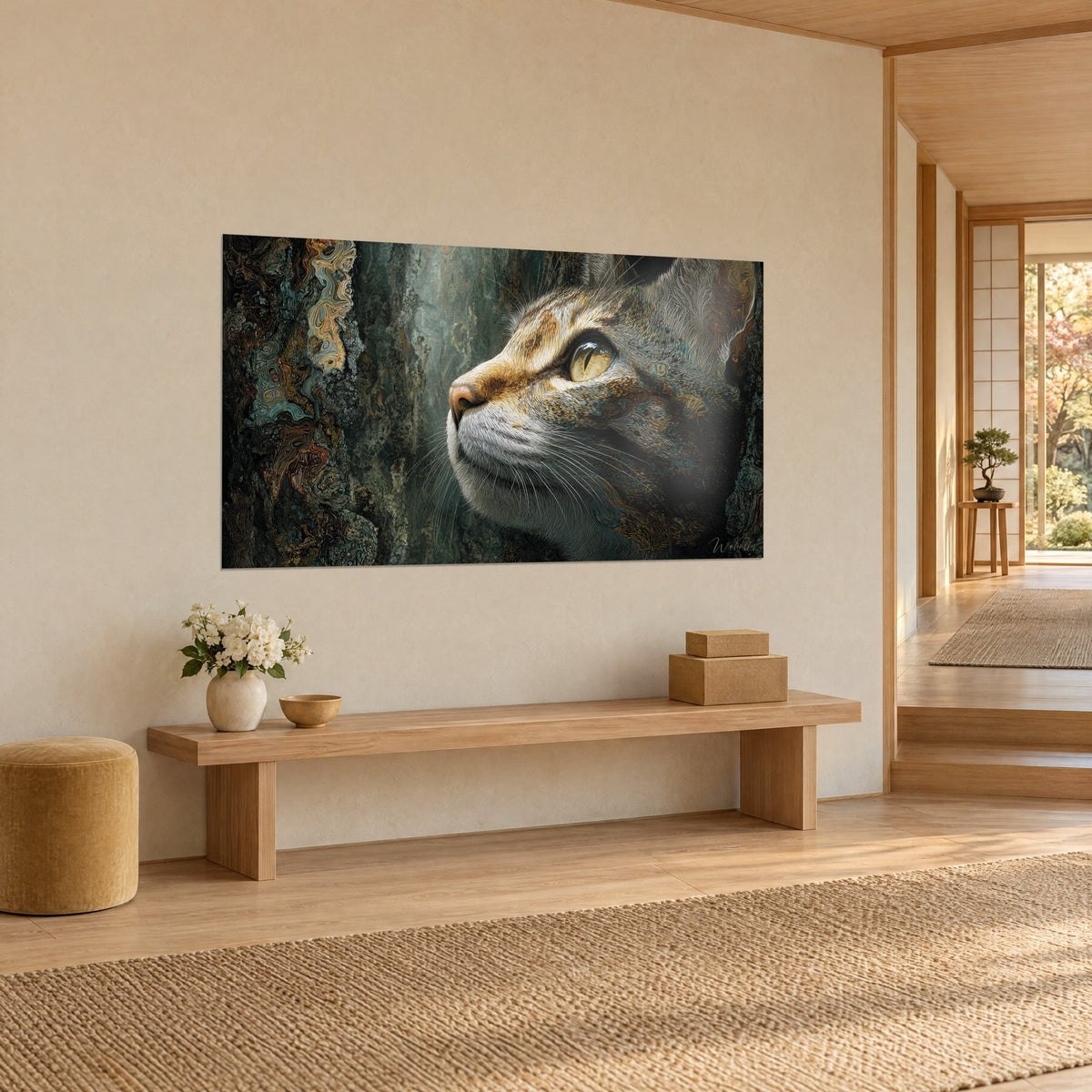 Tableau portrait de chat sokoke levant le museau, pelage ambre et gris, fond d'écorce sombre, mur crème et banc en bois clair en vue de trois-quarts