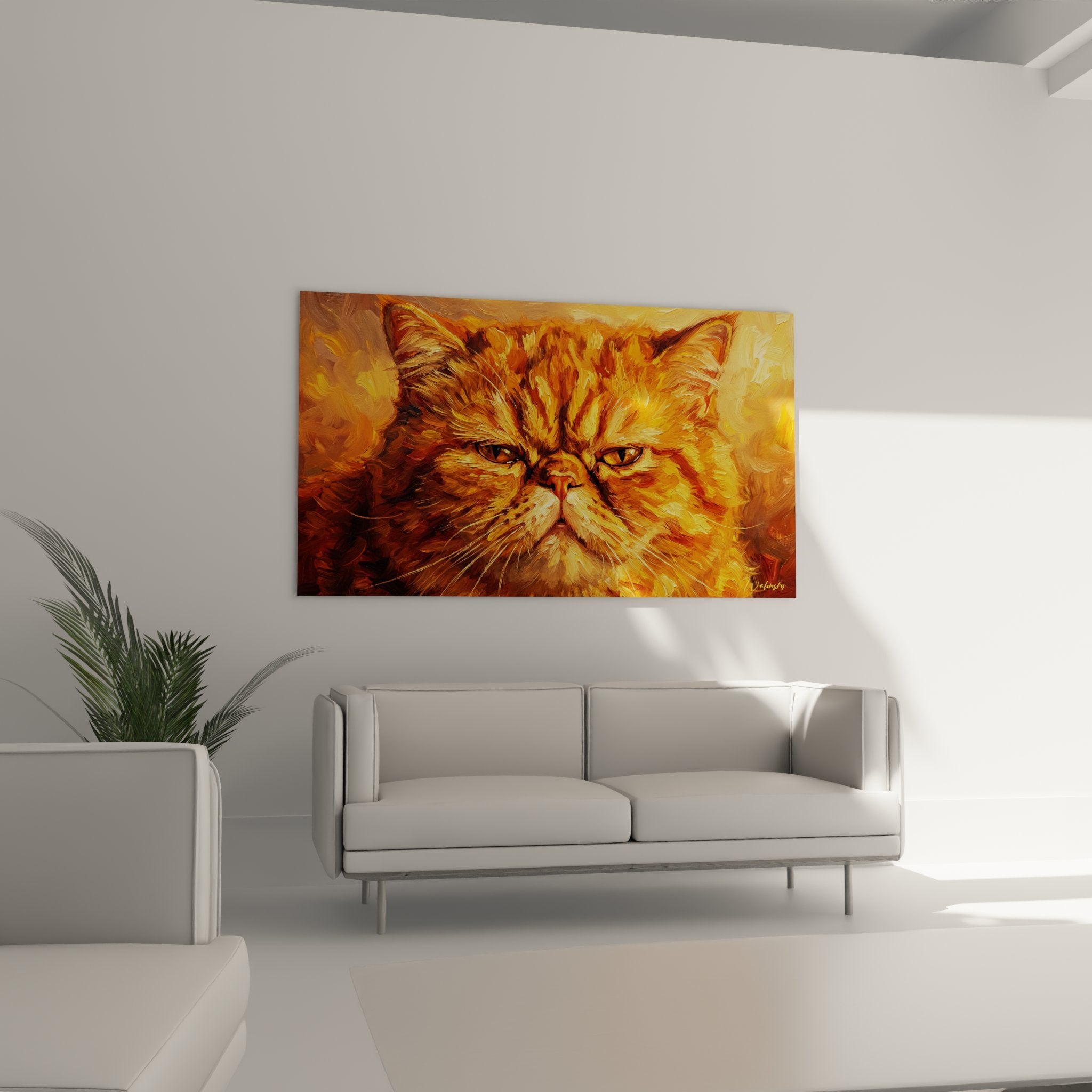 Dettaglio ravvicinato quadro gatto Exotic Shorthair, texture pittura dorata e occhi espressivi