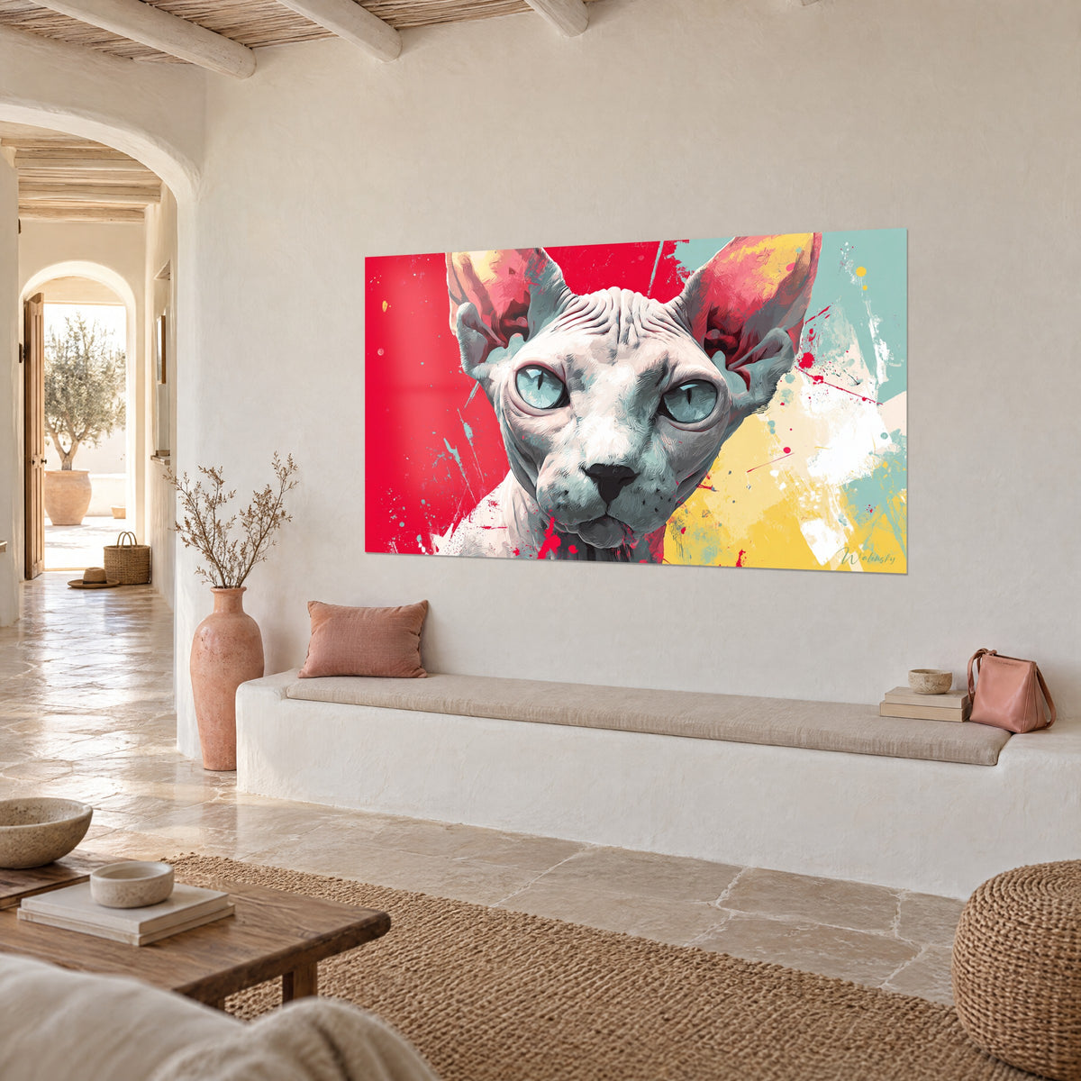 Wall art hairless feline with turquoise eyes, wrinkled white skin, red and yellow splashes, cream wall of a Mediterranean house