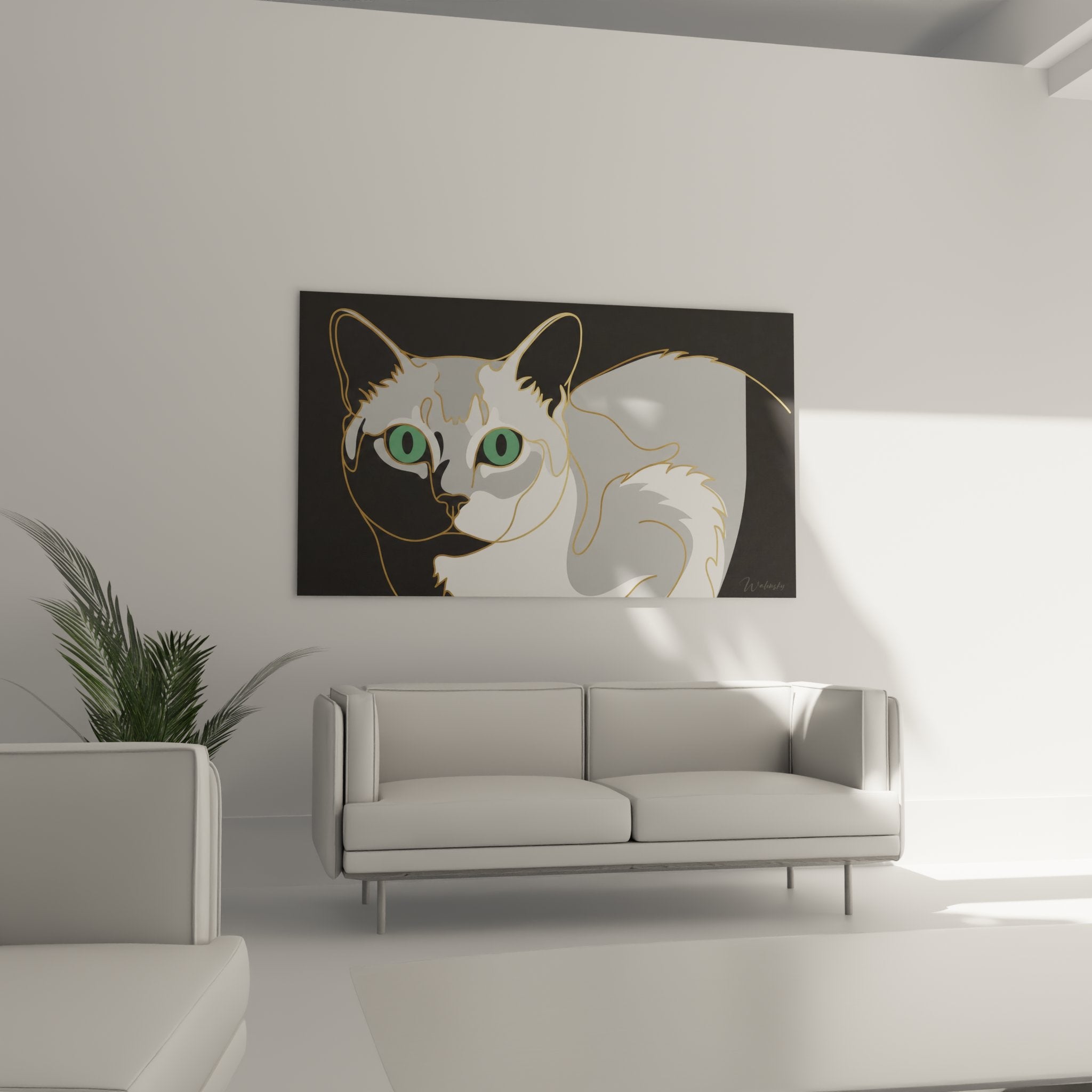 Gros plan tableau chat Burmilla montrant détails yeux émeraude et pelage argenté