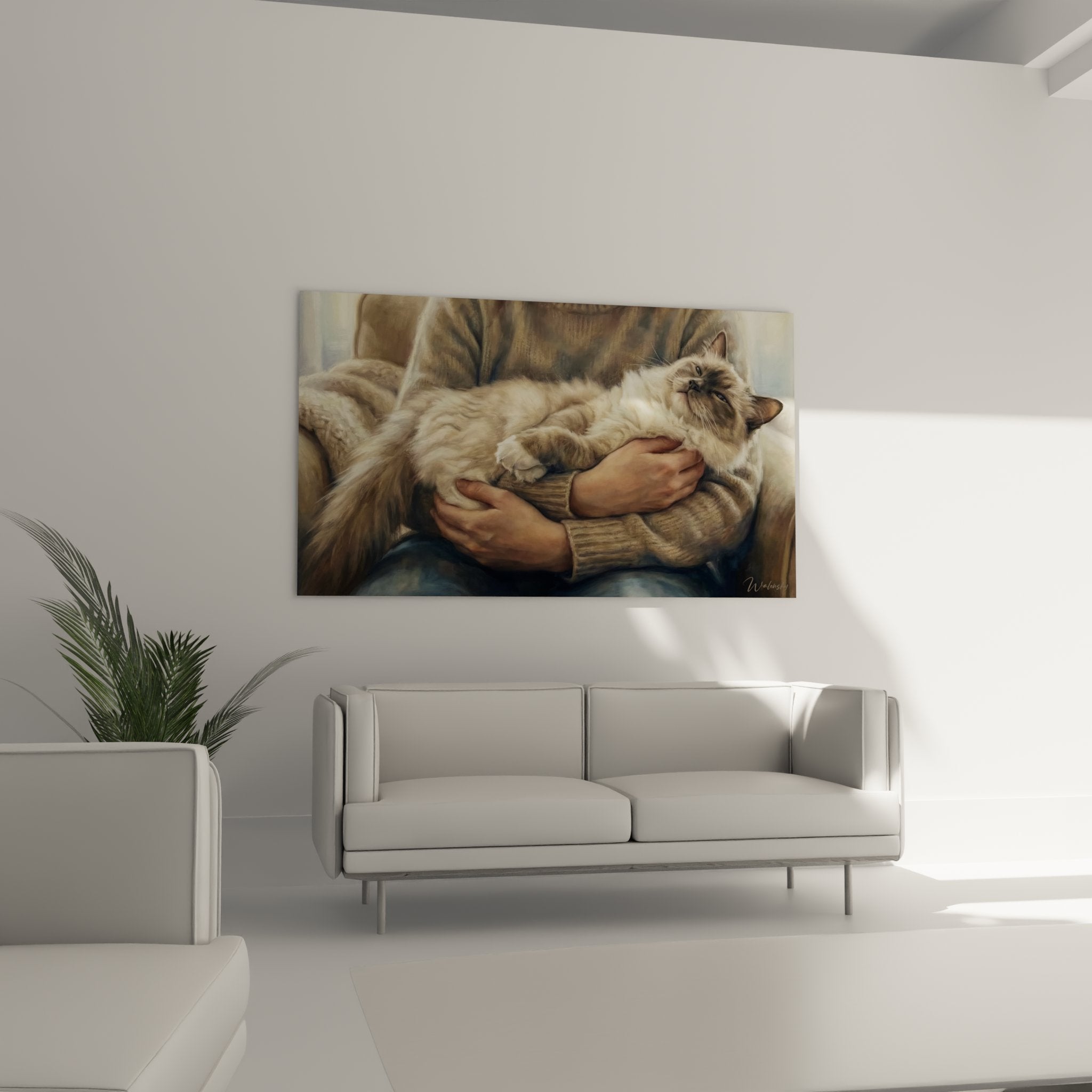 Primo piano sui dettagli del morbido mantello e gli occhi blu penetranti del gatto Ragdoll dipinto