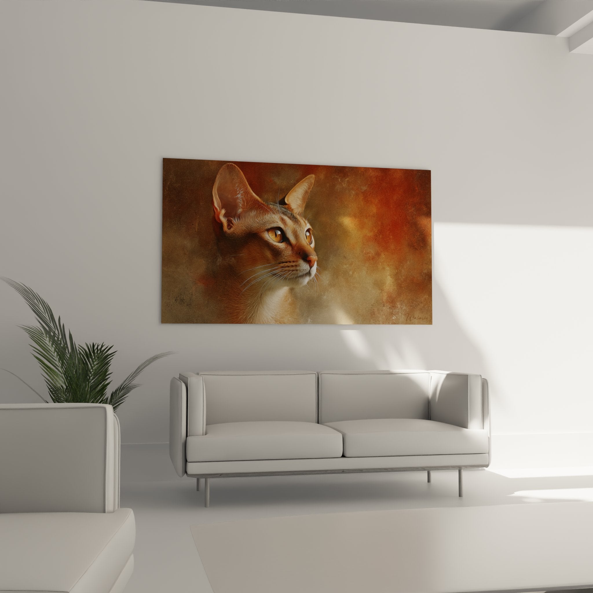 Détail portrait chat Singapura, yeux dorés expressifs et fourrure détaillée, art félin haute qualité