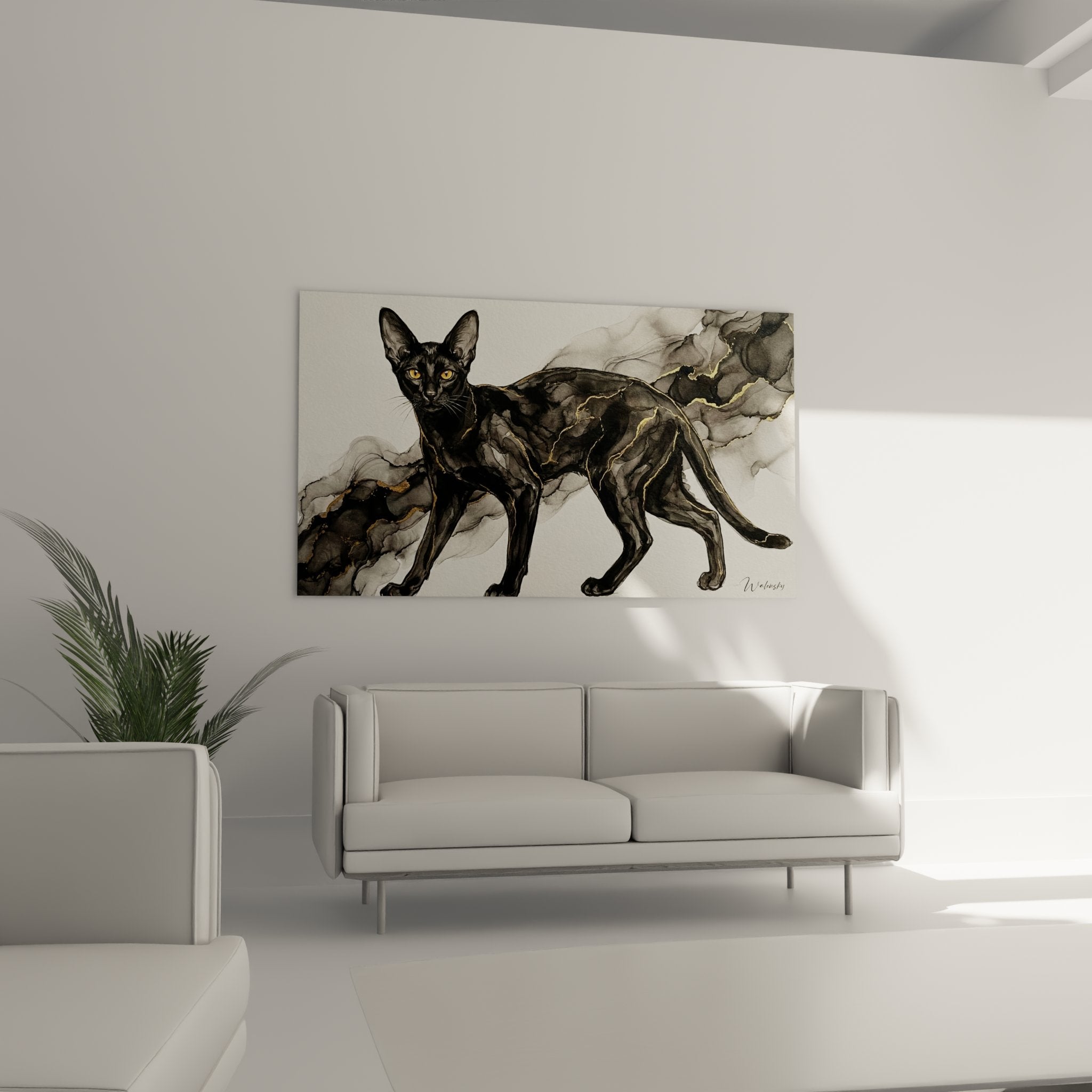 Détail rapproché du tableau montrant les yeux dorés du chat noir et la technique aquarelle fluide