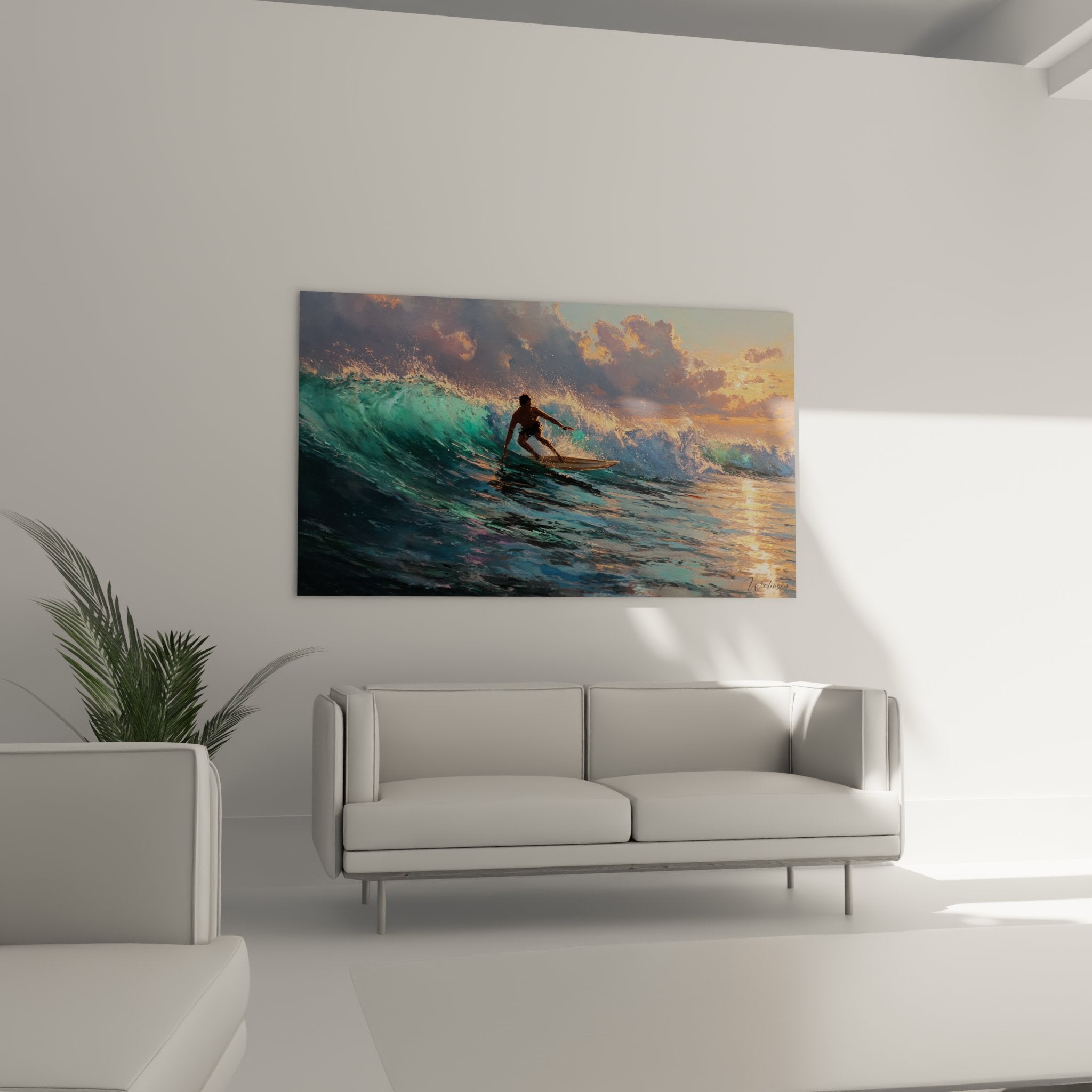 Dettaglio pittura surf onda turchese con riflessi dorati e silhouetta surfista texture realistica