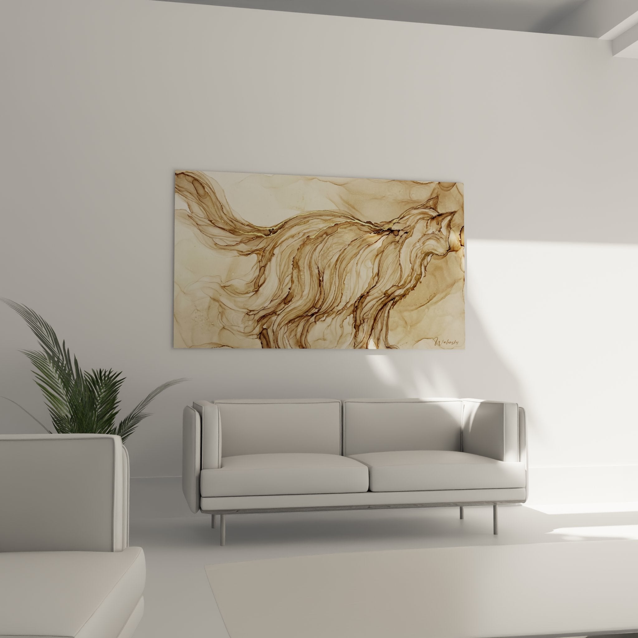 Detail des textures fluides beiges et dorees du tableau abstrait moderne