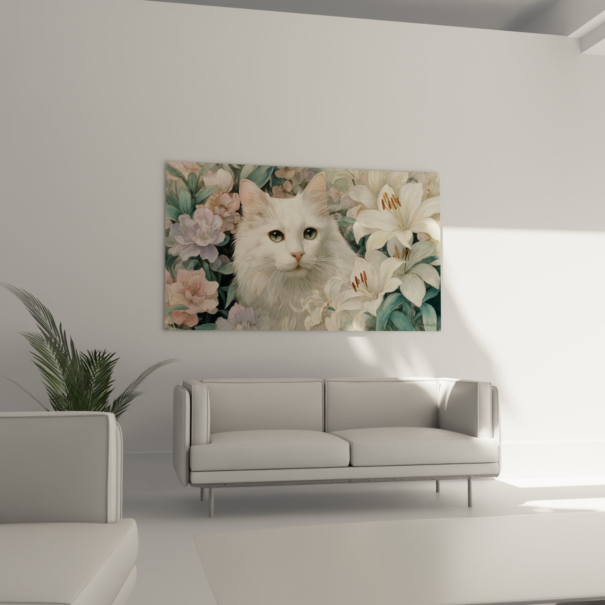 Close-up portrait of white Turkish Angora cat with green eyes emerging from white and pink flowers artistic style