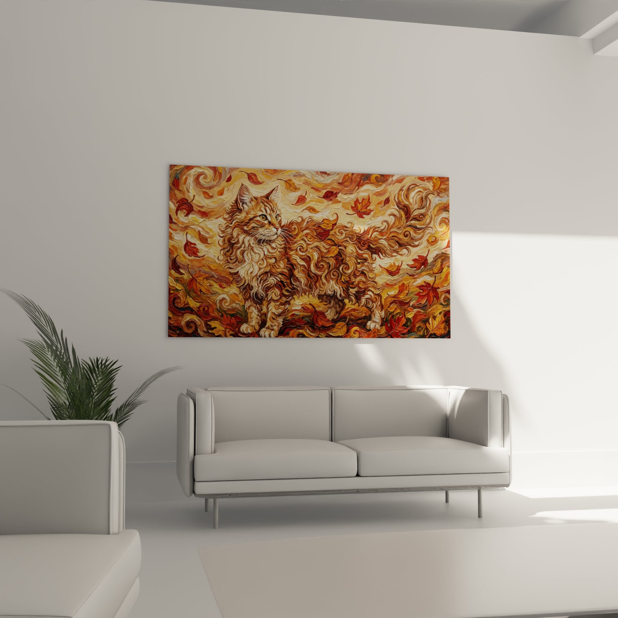 Dettaglio primo piano gatto Laperm riccio sguardo ambrato integrato in spirali dorate foglie autunno arte murale