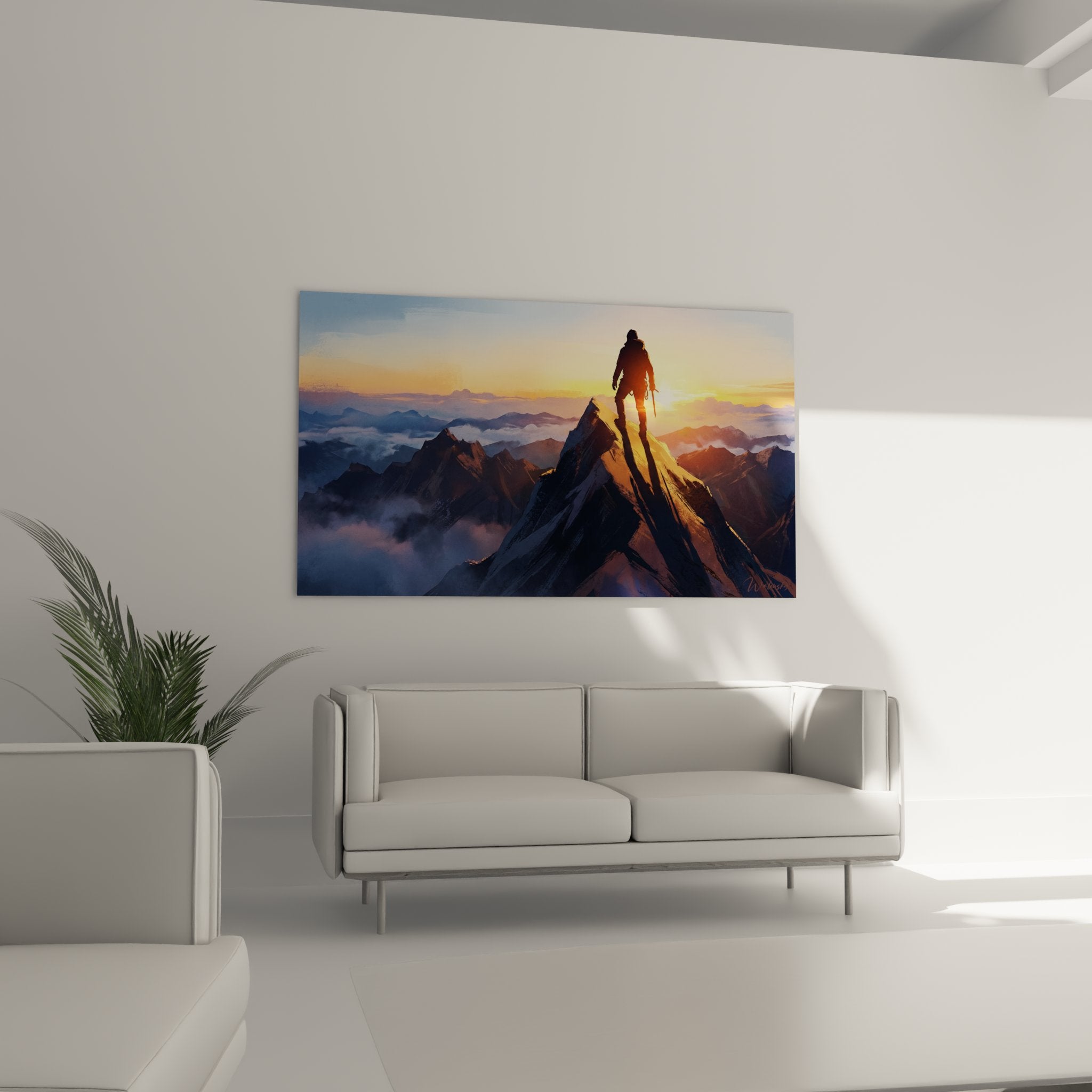 Dettaglio quadro alpinista attrezzatura arrampicata vetta rocciosa Alpi tramonto luce dorata montagna