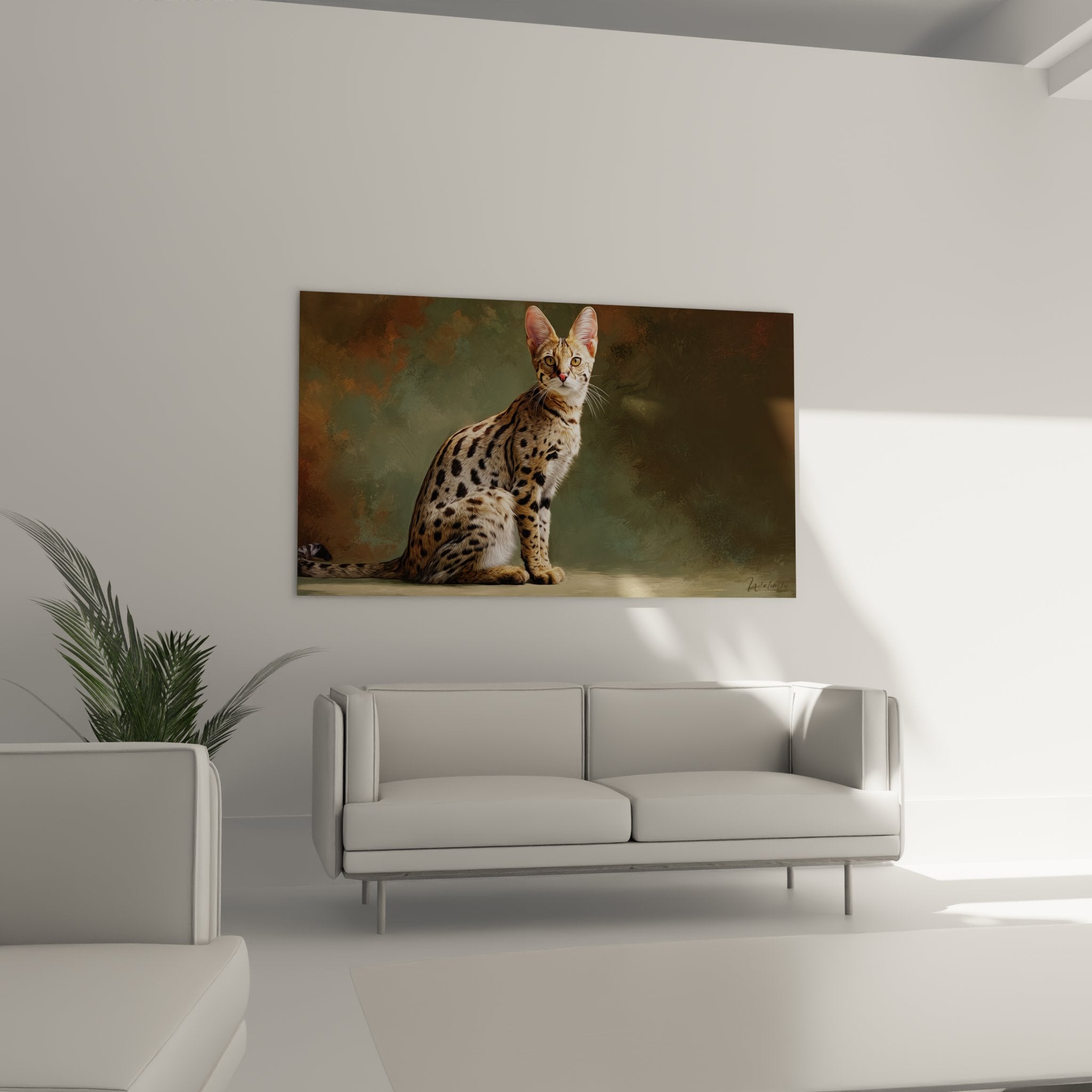 Nahaufnahme-Detail des Savannah-Katzen-Gemäldes zeigt fleckiges Fell und ausdrucksstarken Blick mit goldenen Augen