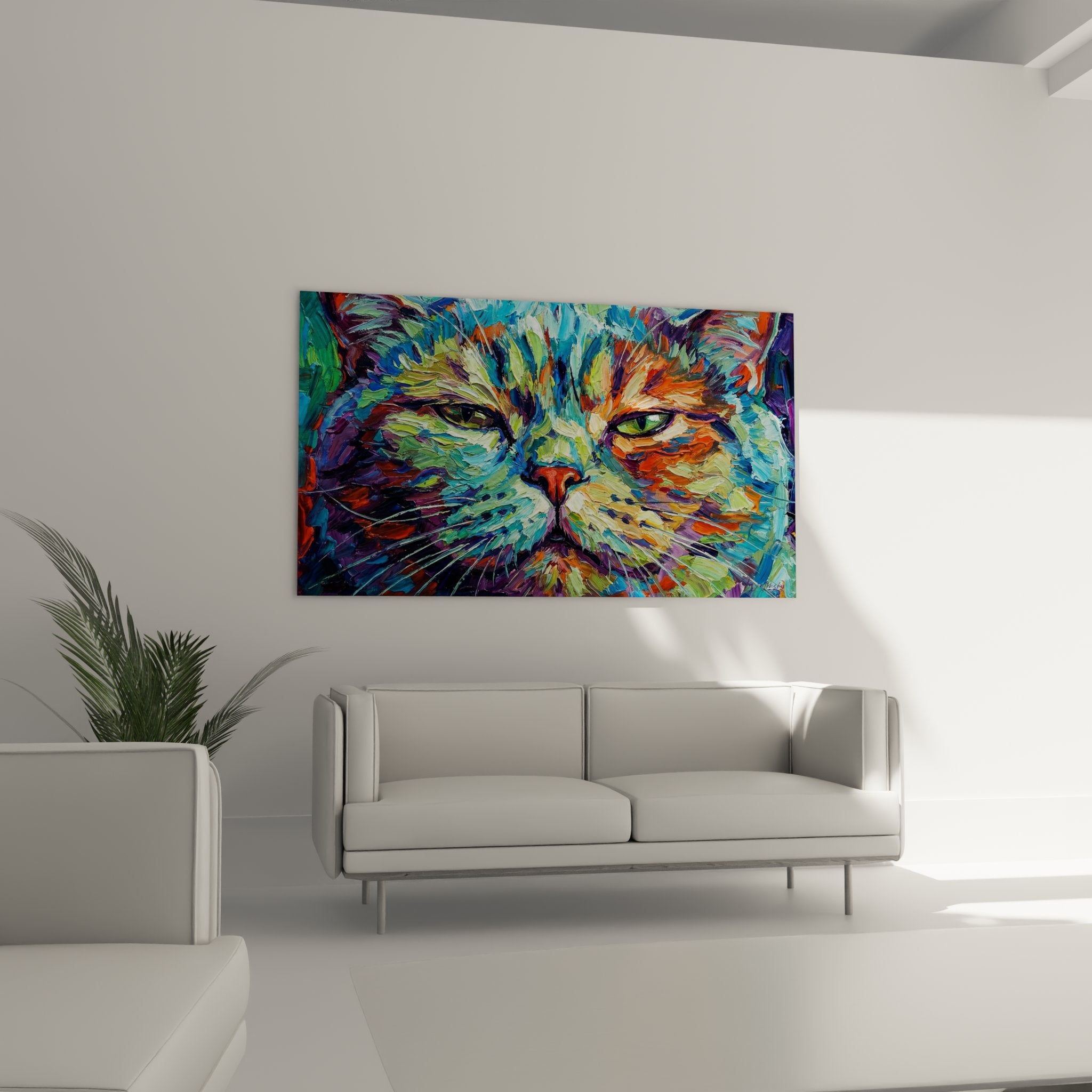 Nahaufnahme des British-Shorthair-Katzengemäldes mit ausdrucksstarken Pinselstrichen und lebendigen Farben