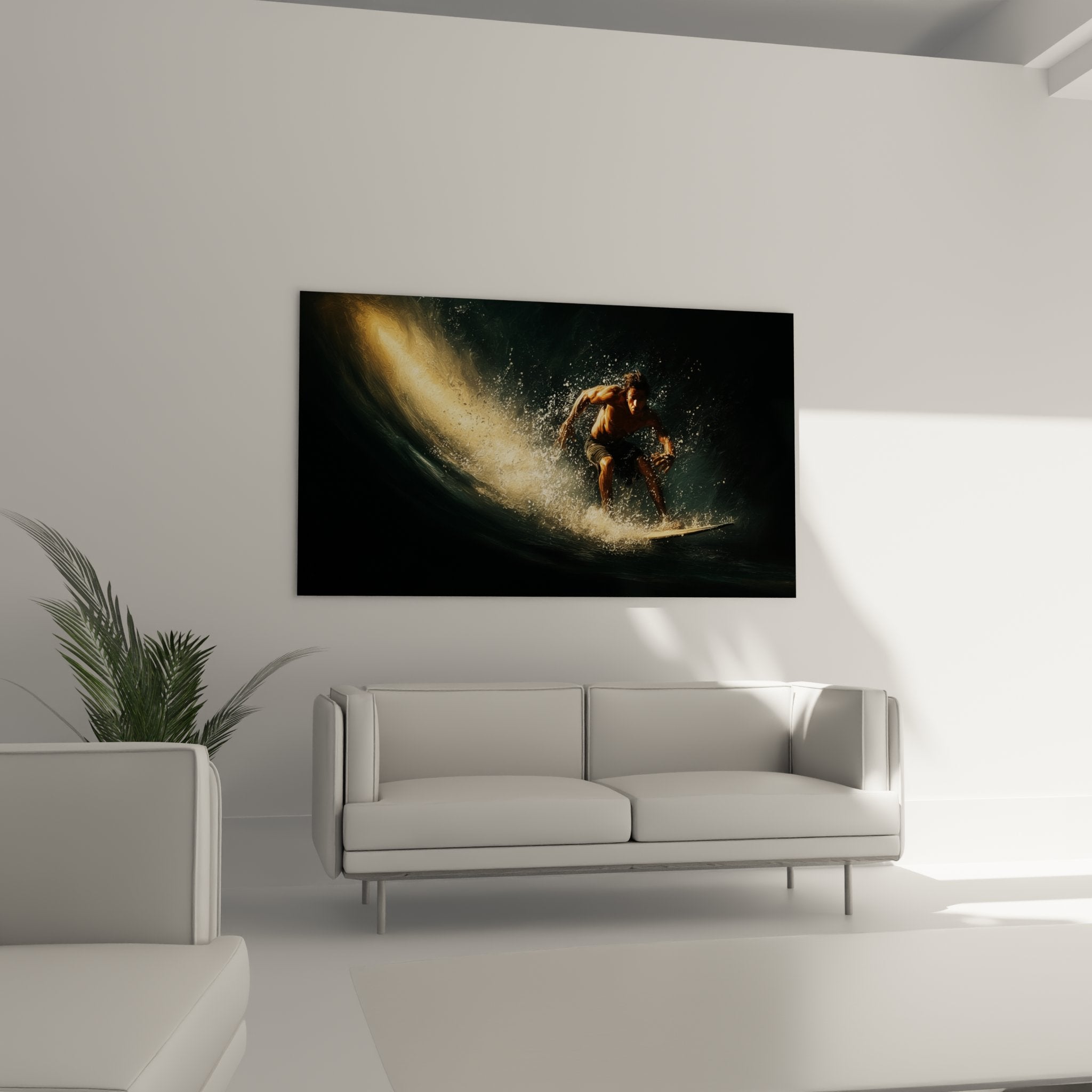 Détail du tableau surf montrant les effets de lumière dorée et les textures aquatiques réalistes