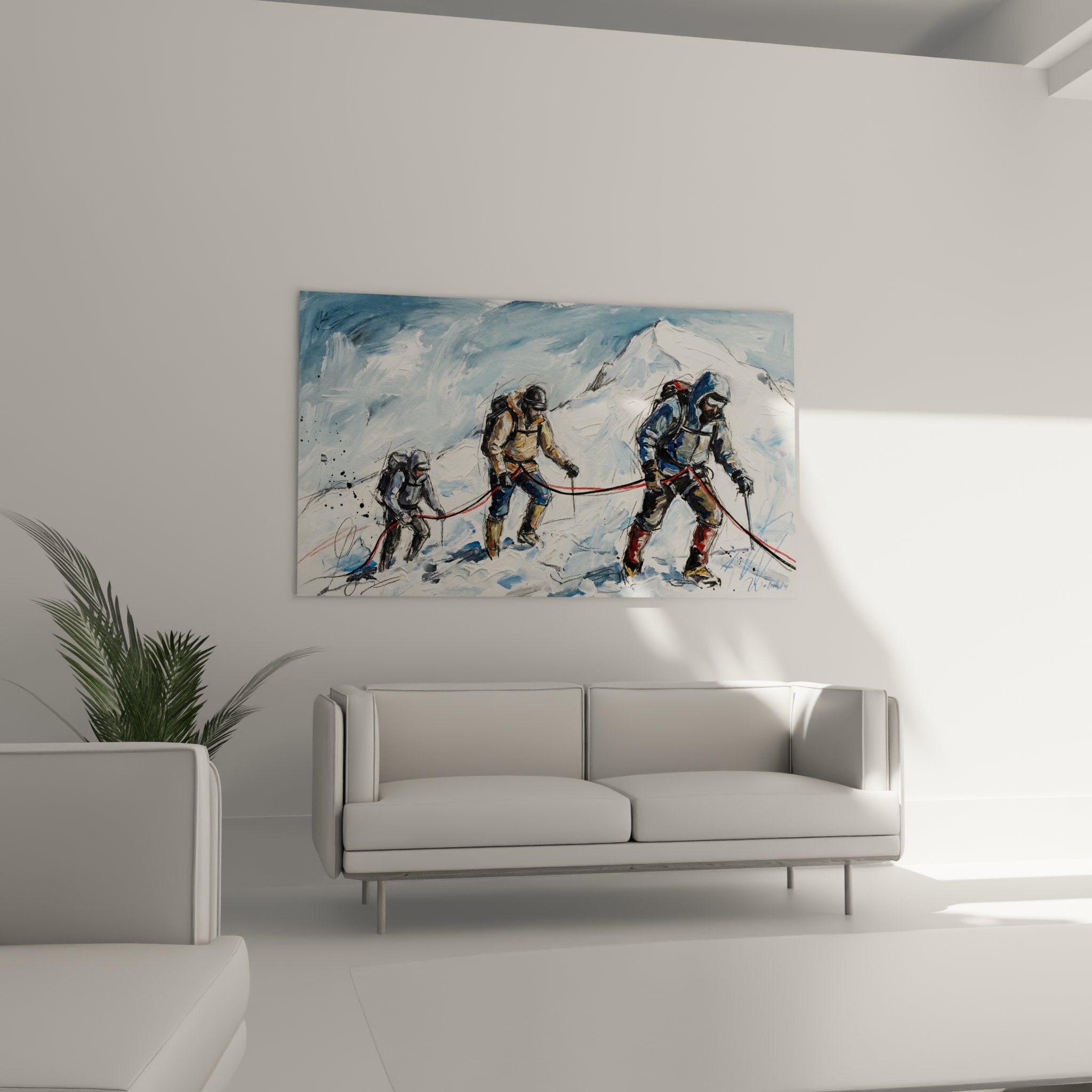 Dettaglio quadro alpinisti equipaggiamento tecnico corda rossa neve pittura montagna mont blanc