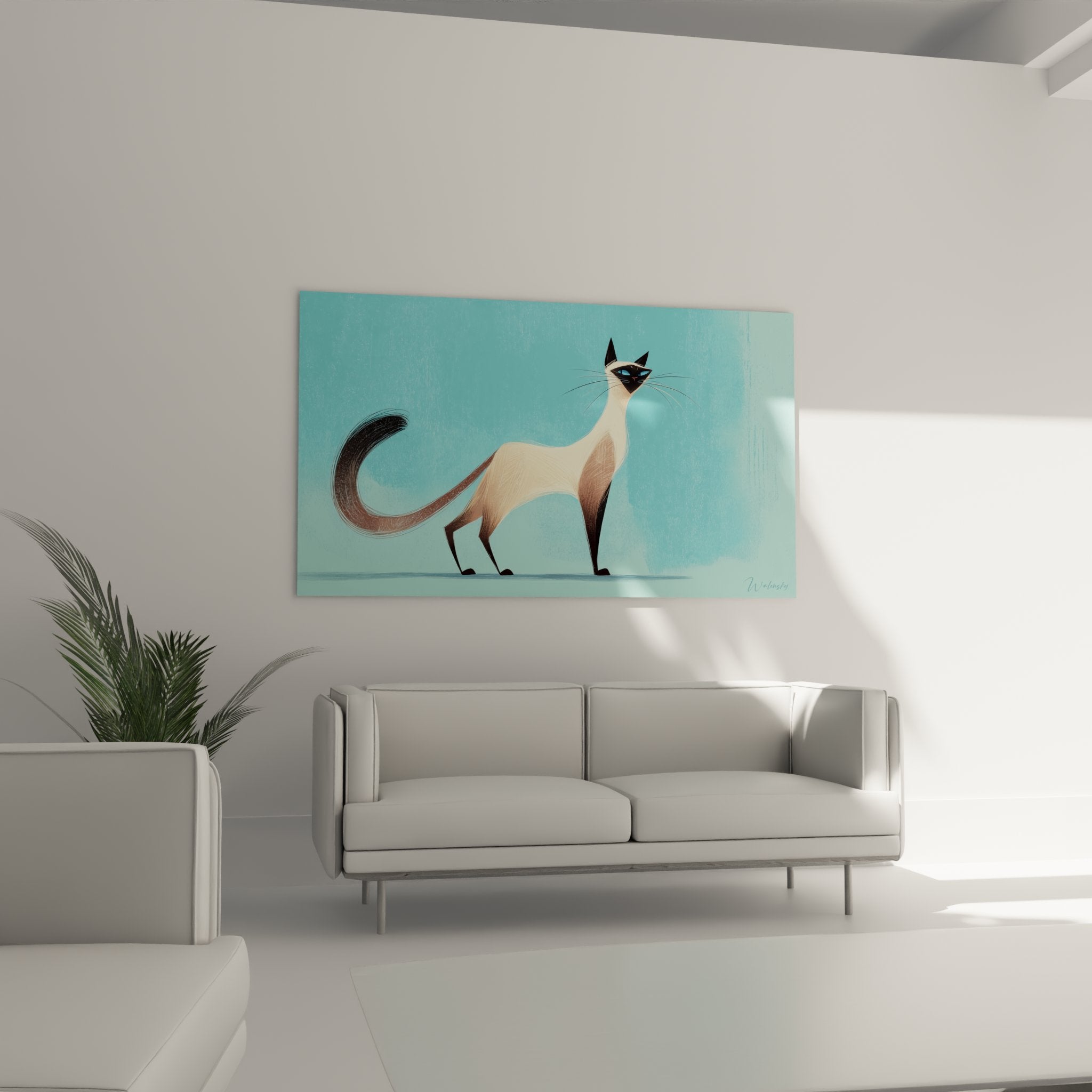 Dettaglio del volto del gatto siamese con occhi blu e tratti grafici sottili su sfondo turchese