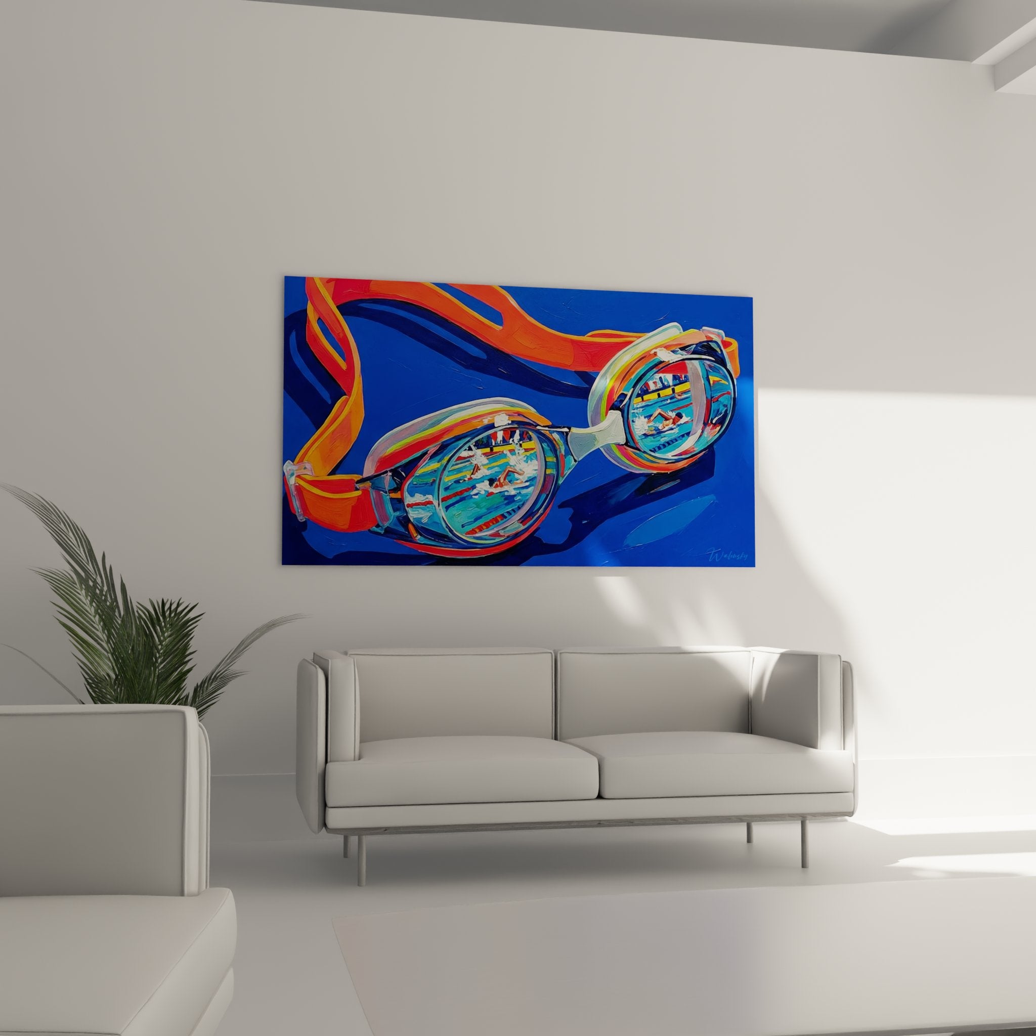 Gros plan tableau lunettes piscine art moderne détails couleurs vives reflets aquatiques peinture contemporaine