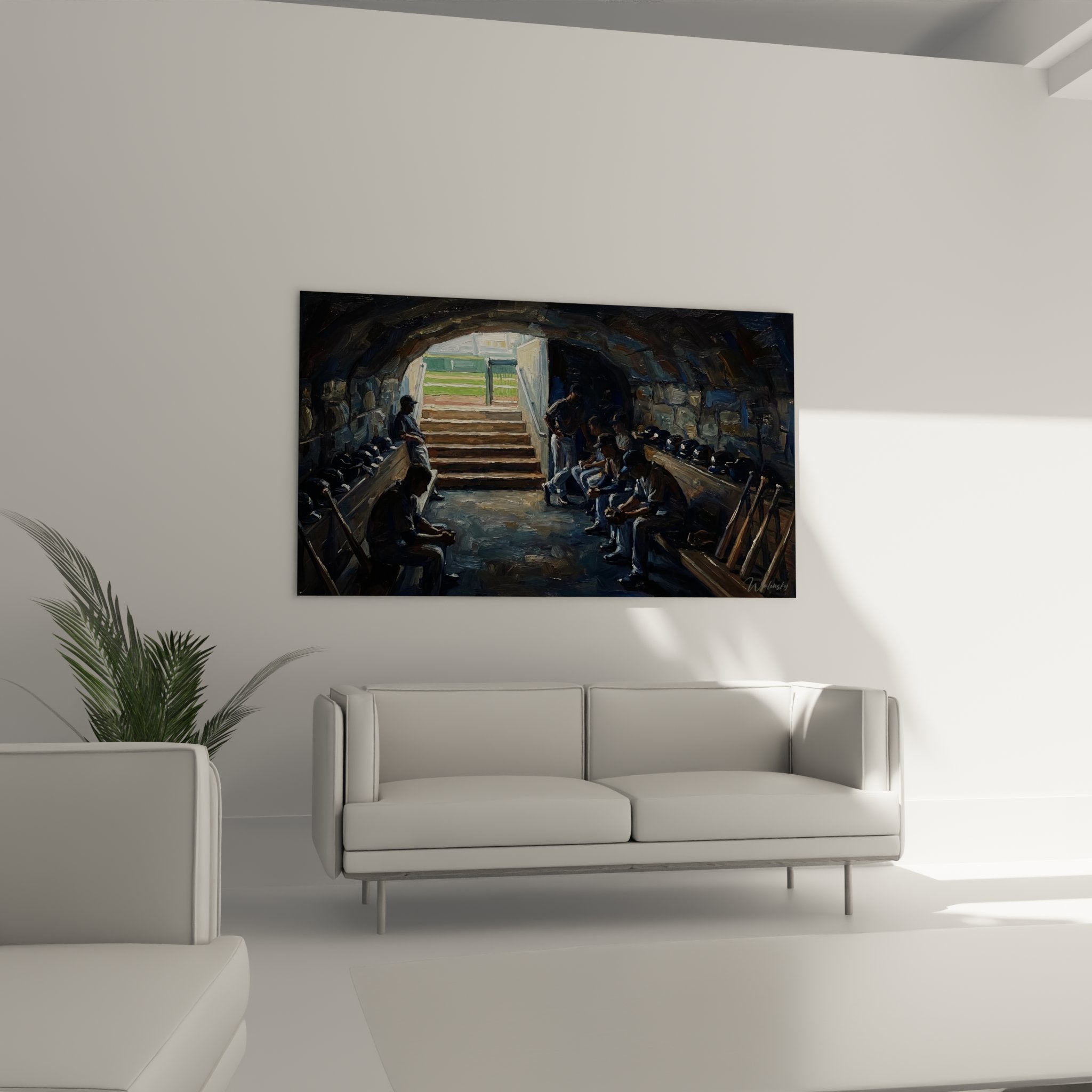 Detail tableau baseball joueurs uniformes equipements casquettes vestiaire peinture realiste