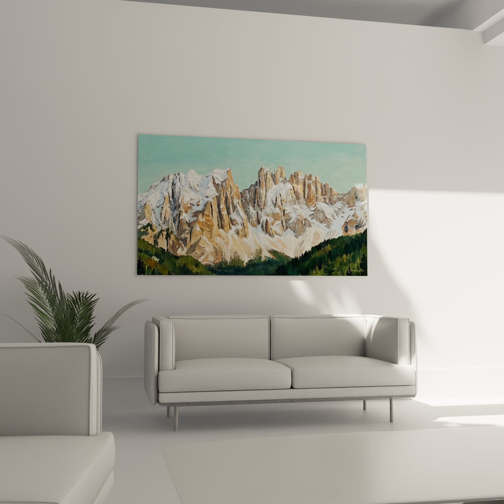 Dolomites painting detail - artistic technique on snowy limestone peaks and rocky textures