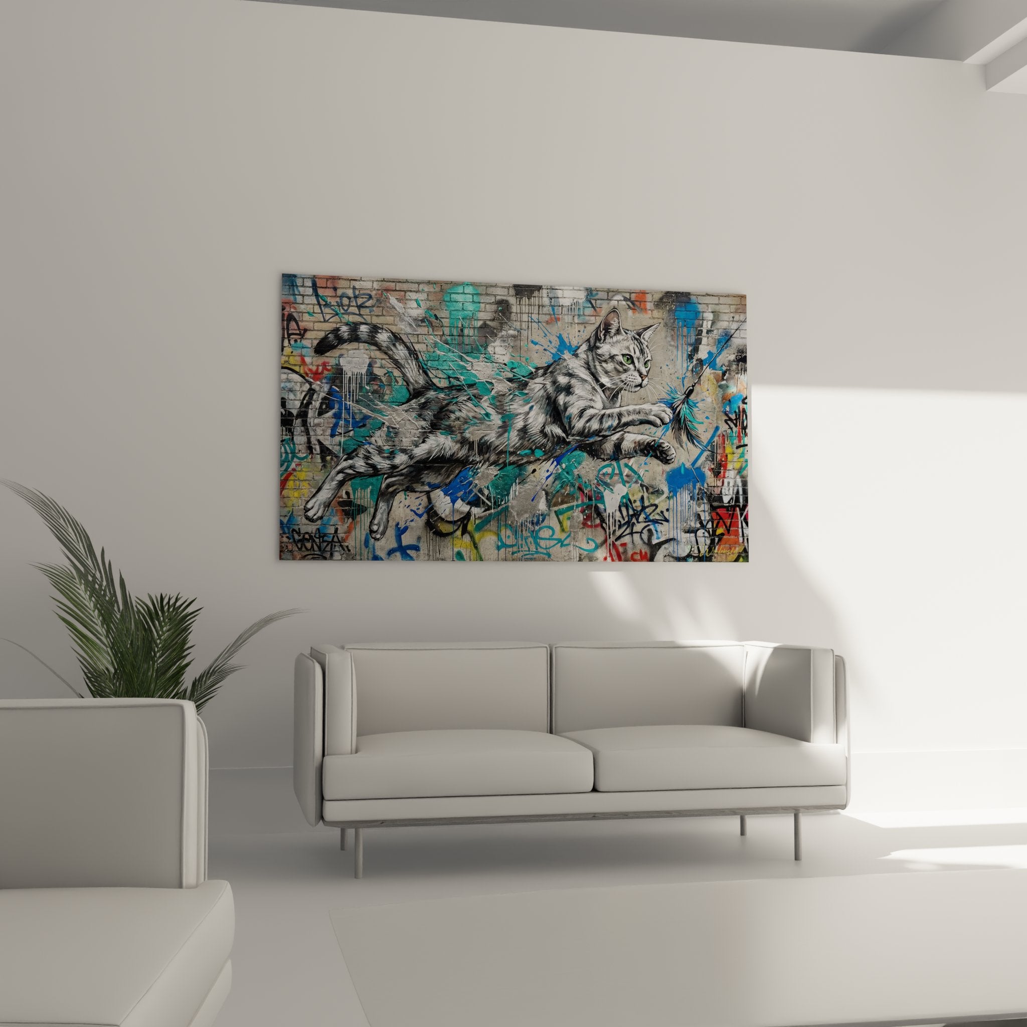 Detail du tableau montrant le chat gris realiste sur fond de graffitis urbains multicolores