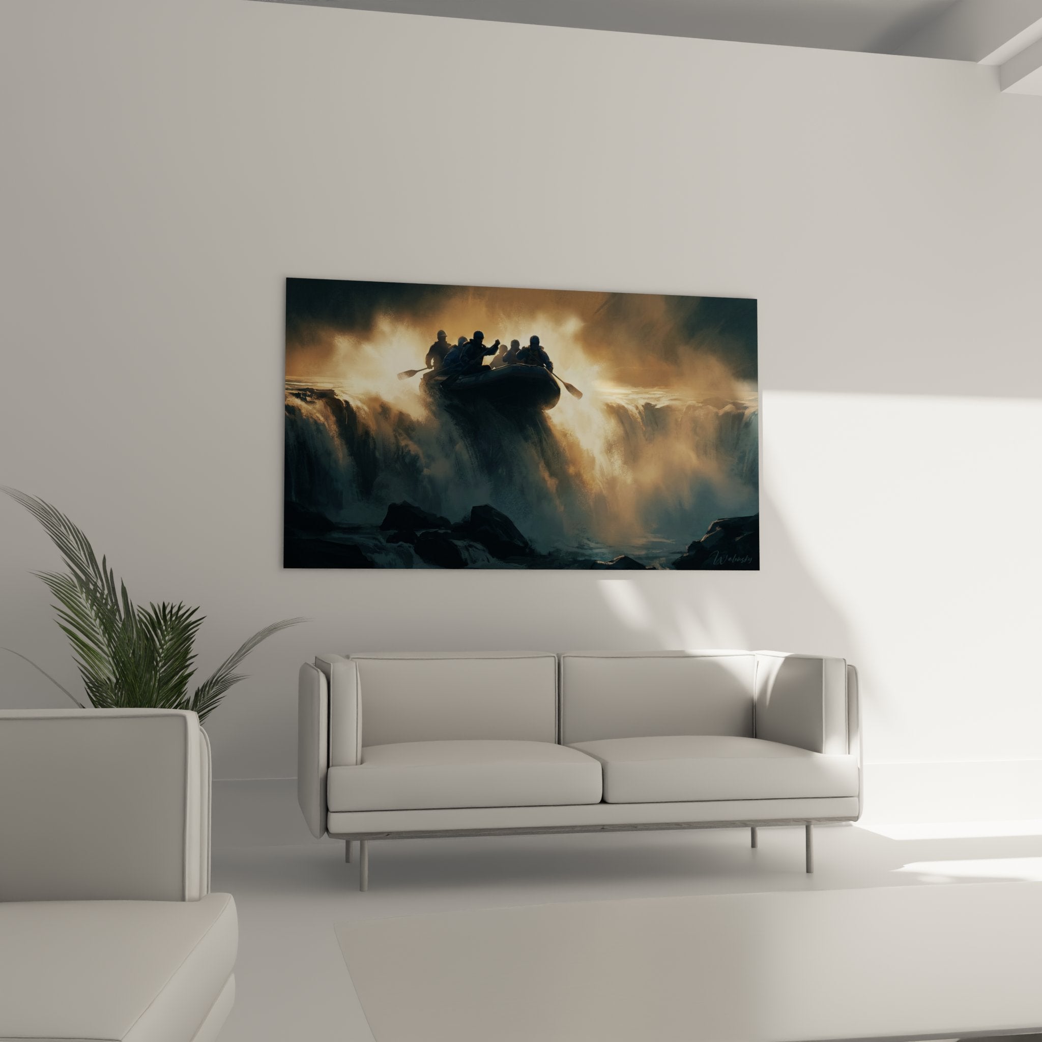 Rafting painting detail showing paint texture and color nuances of cascade and inflatable boat