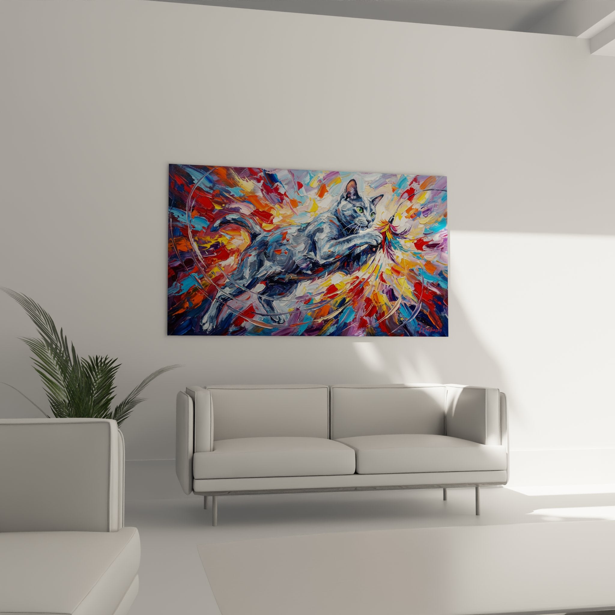 Detailaufnahme expressionistisches Korat-Katzen-Gemälde mit dynamischen Pinselstrichen, lebendigen Farben und Textur
