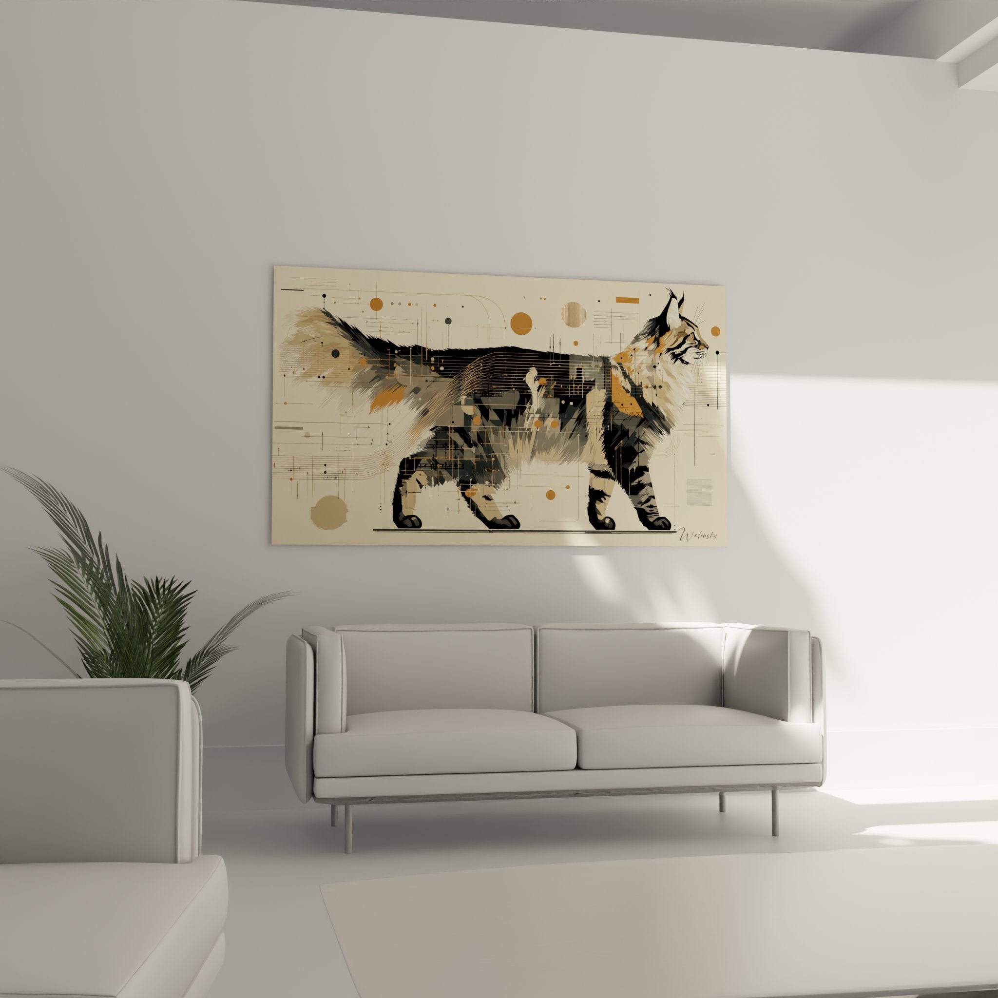 Nahaufnahme digitales Kunstwerk Maine-Coon-Katze mit geometrischen Linien und abstrakten Kreisen