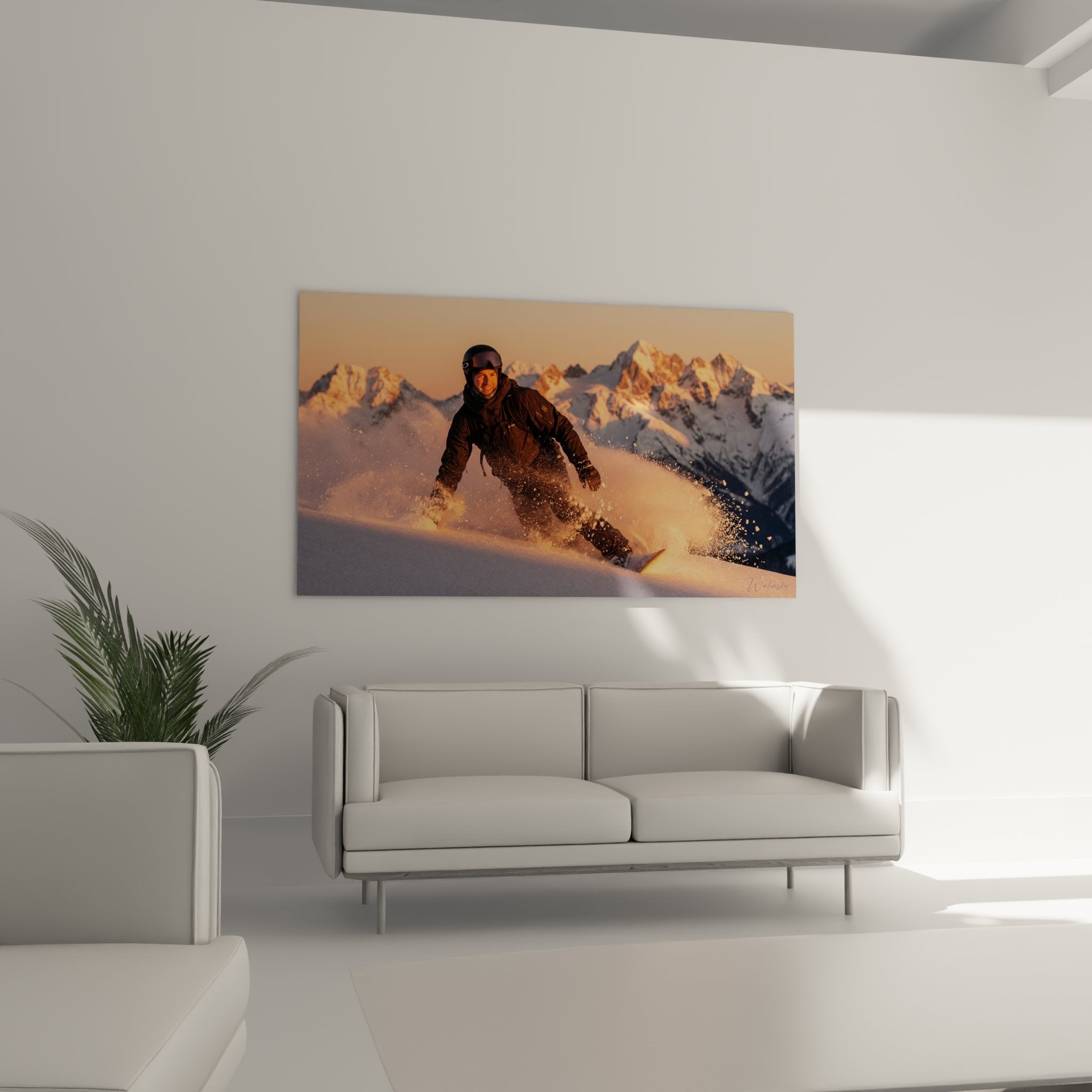 Gros plan tableau snowboard haute qualite impression toile snowboardeur action poudreuse lumiere doree montagne