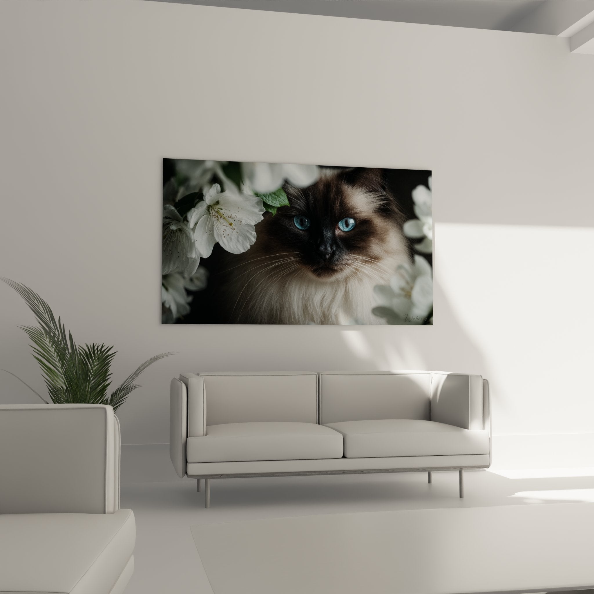 Nahaufnahme Porträt Birmakatze mit azurblauen Augen und weißen Kirschblüten künstlerisches Detail hochwertig