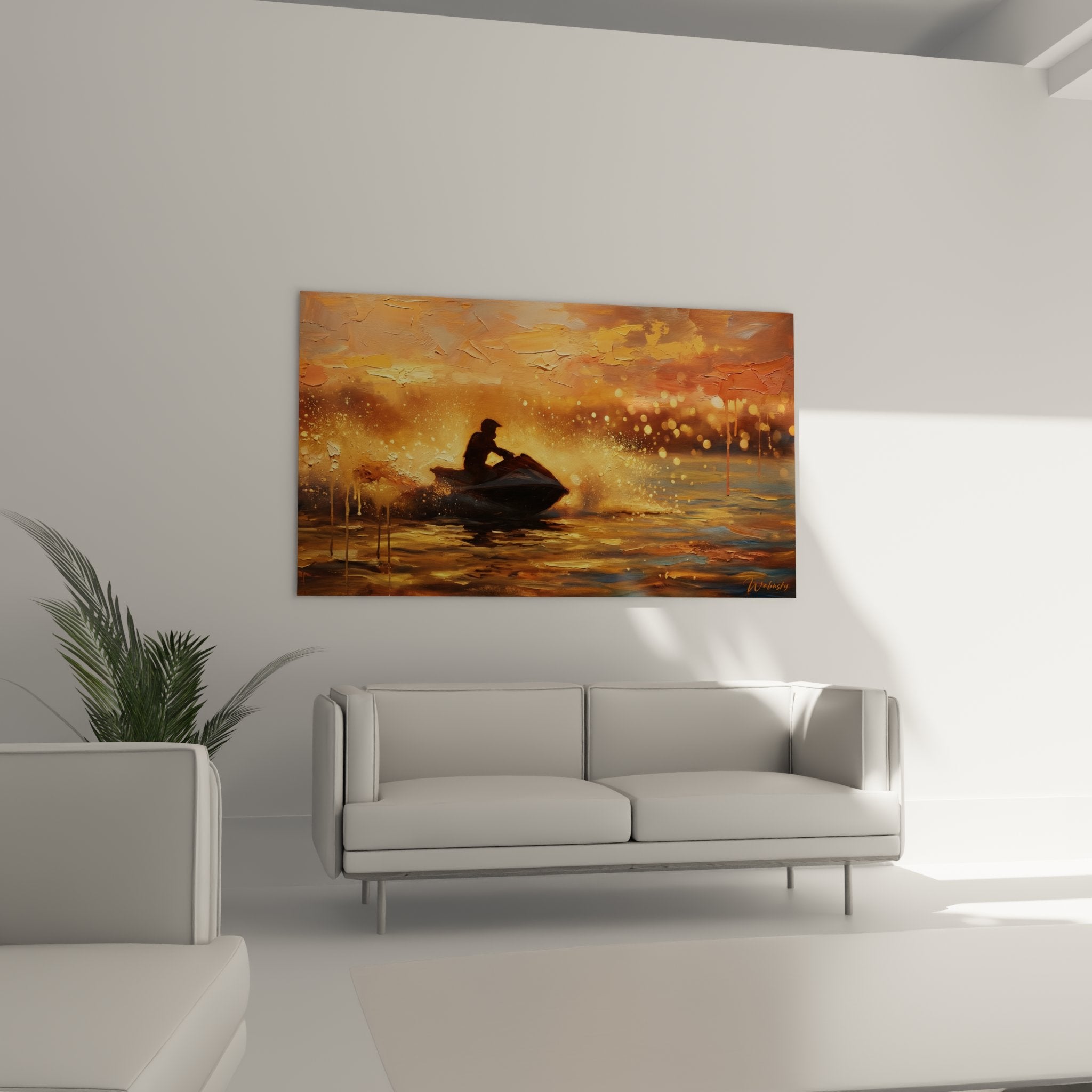 Detail peinture jetski texture riche gerbes eau dorees technique picturale sport nautique art contemporain