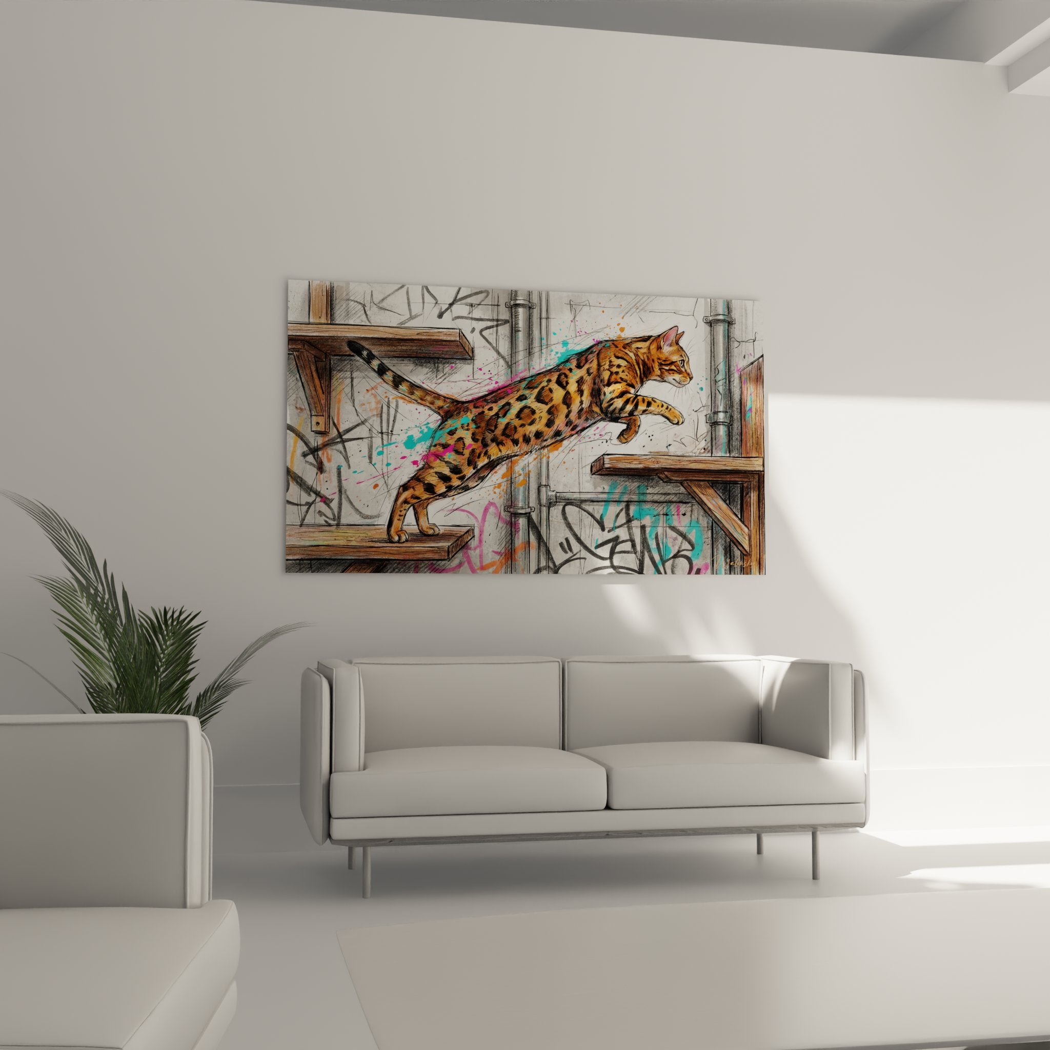 Gros plan sur chat Bengal en mouvement, détails des rosettes et couleurs street art