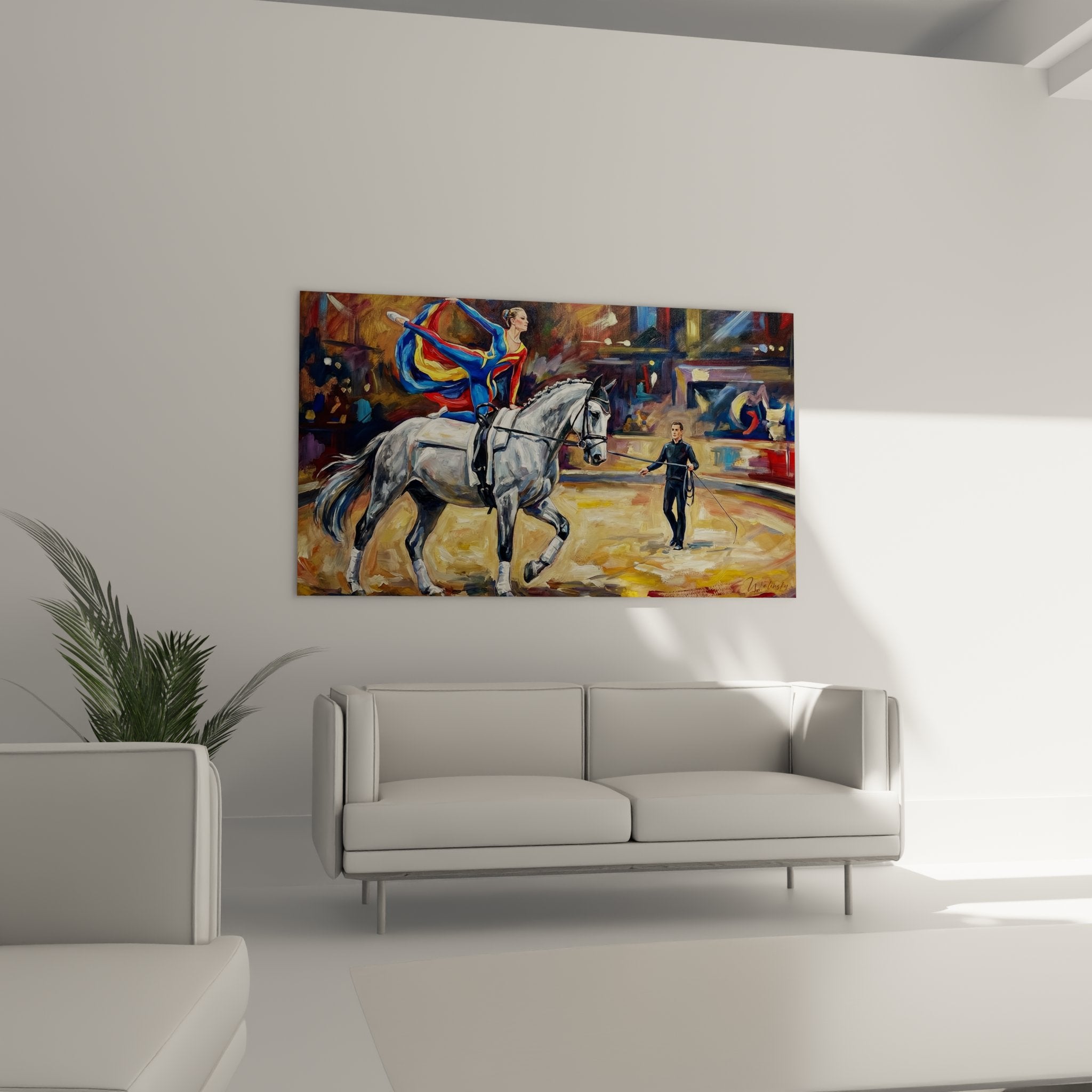 Détail peinture équestre montrant cavalière en voltige sur cheval gris avec technique impressionniste colorée